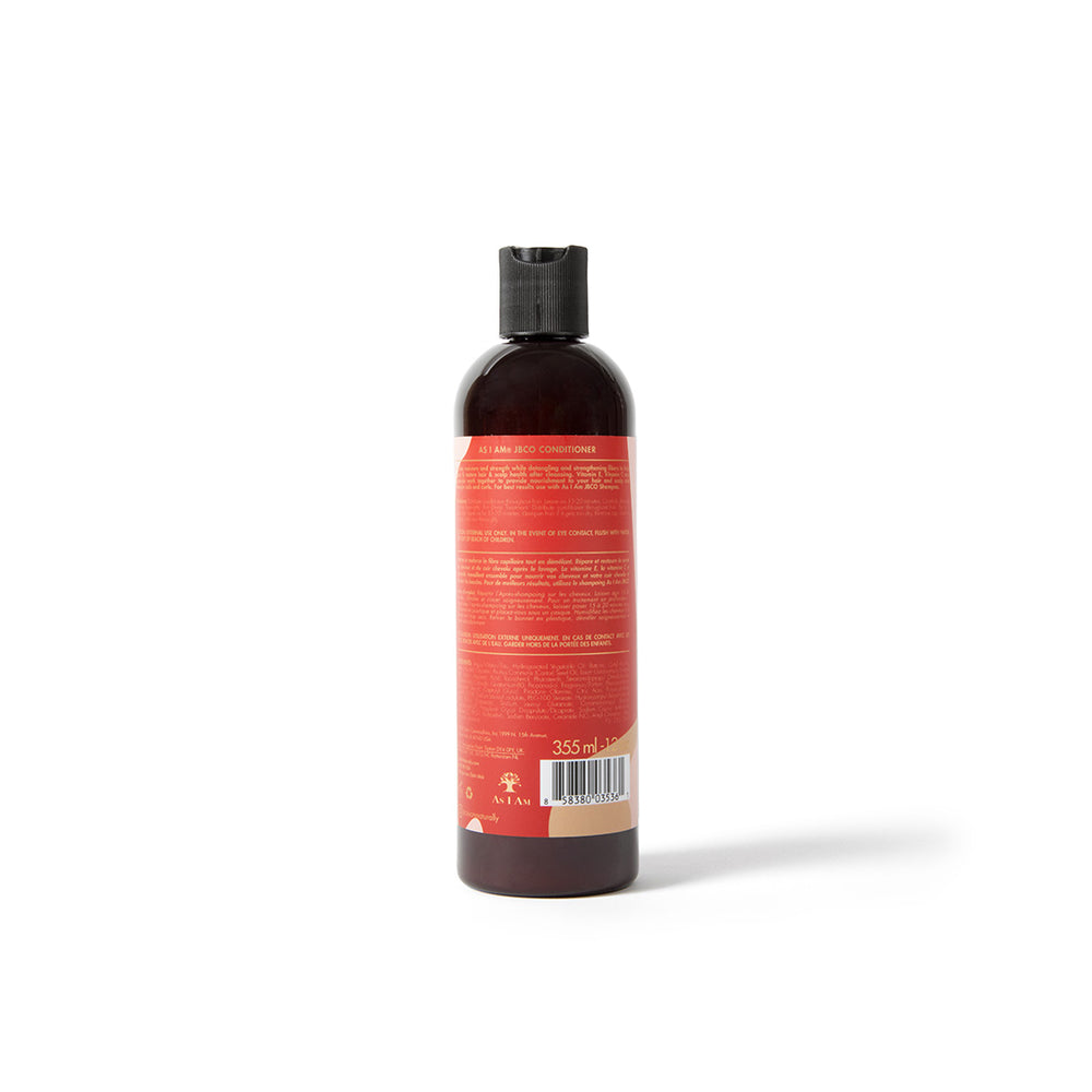 Bagsiden af en 355ml flaske As I Am Jamaican Black Castor Oil Leave-In Conditioner, der viser ingrediensliste og produktbeskrivelse.
