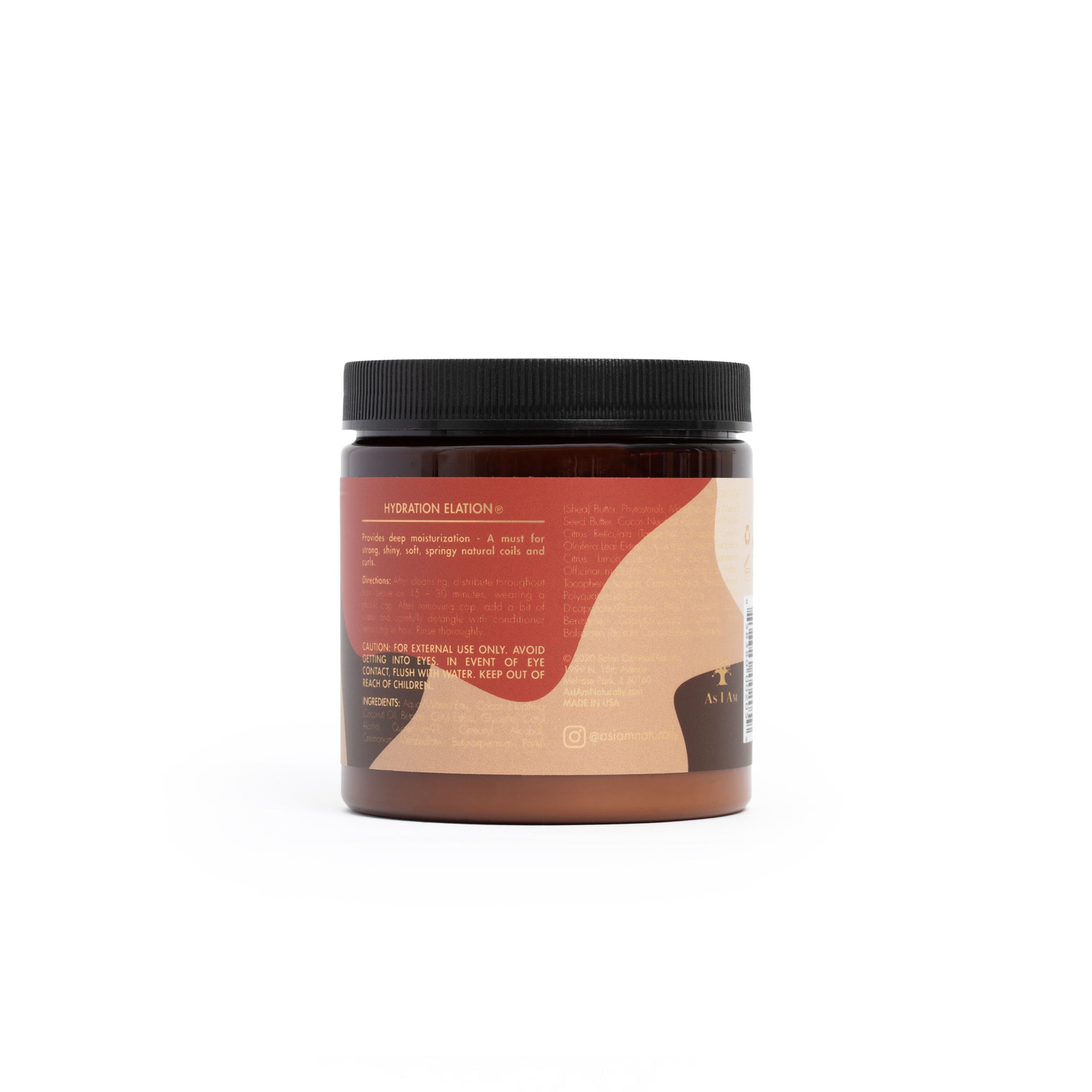 Nærbillede af etiketten på As I Am Classic Hydration Elation Intensive Conditioner. Viser tekst om hydrering og brugsanvisning.