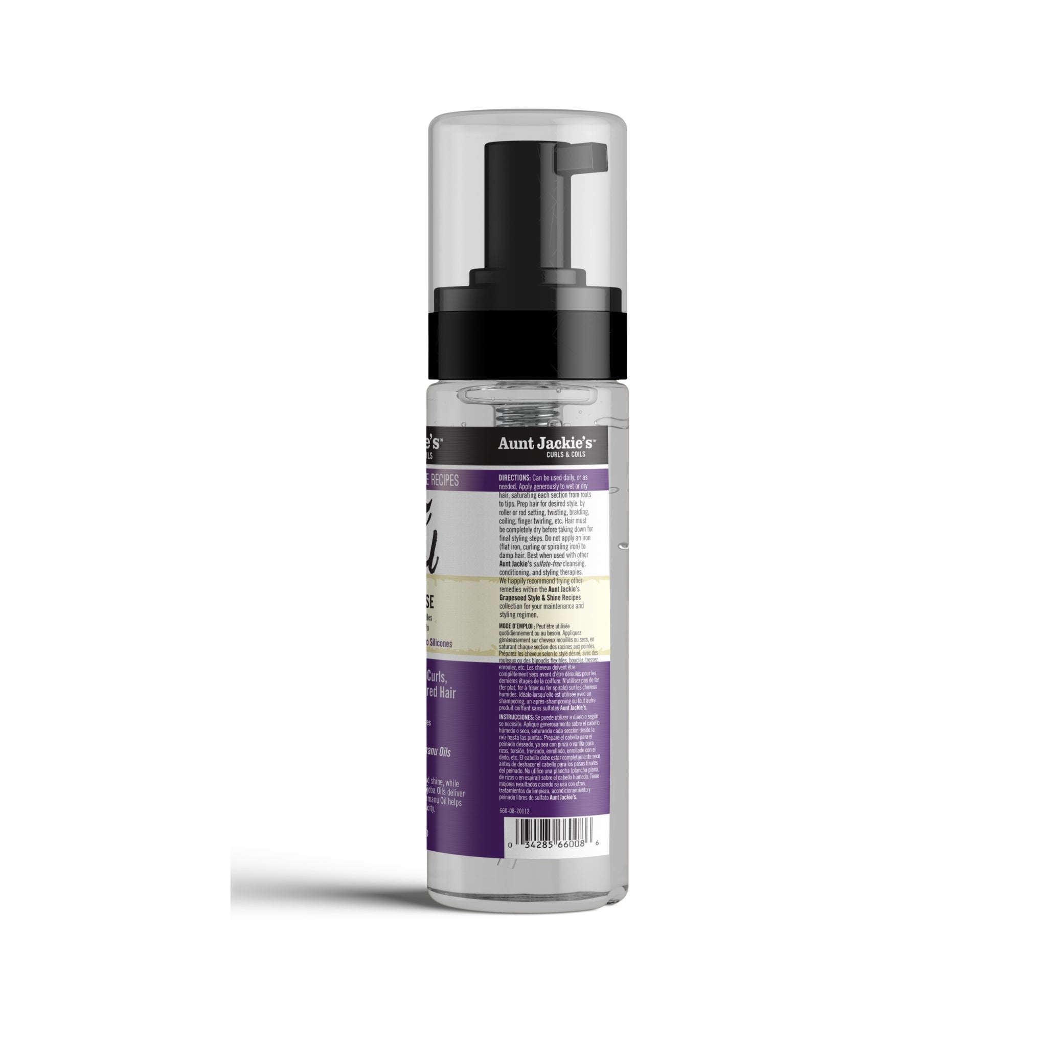 Bagsiden af en flaske Aunt Jackie's Frizz Patrol Anti-Poof Setting Mousse. Etiketten indeholder information om produktets fordele, ingredienser og brugsanvisning.
