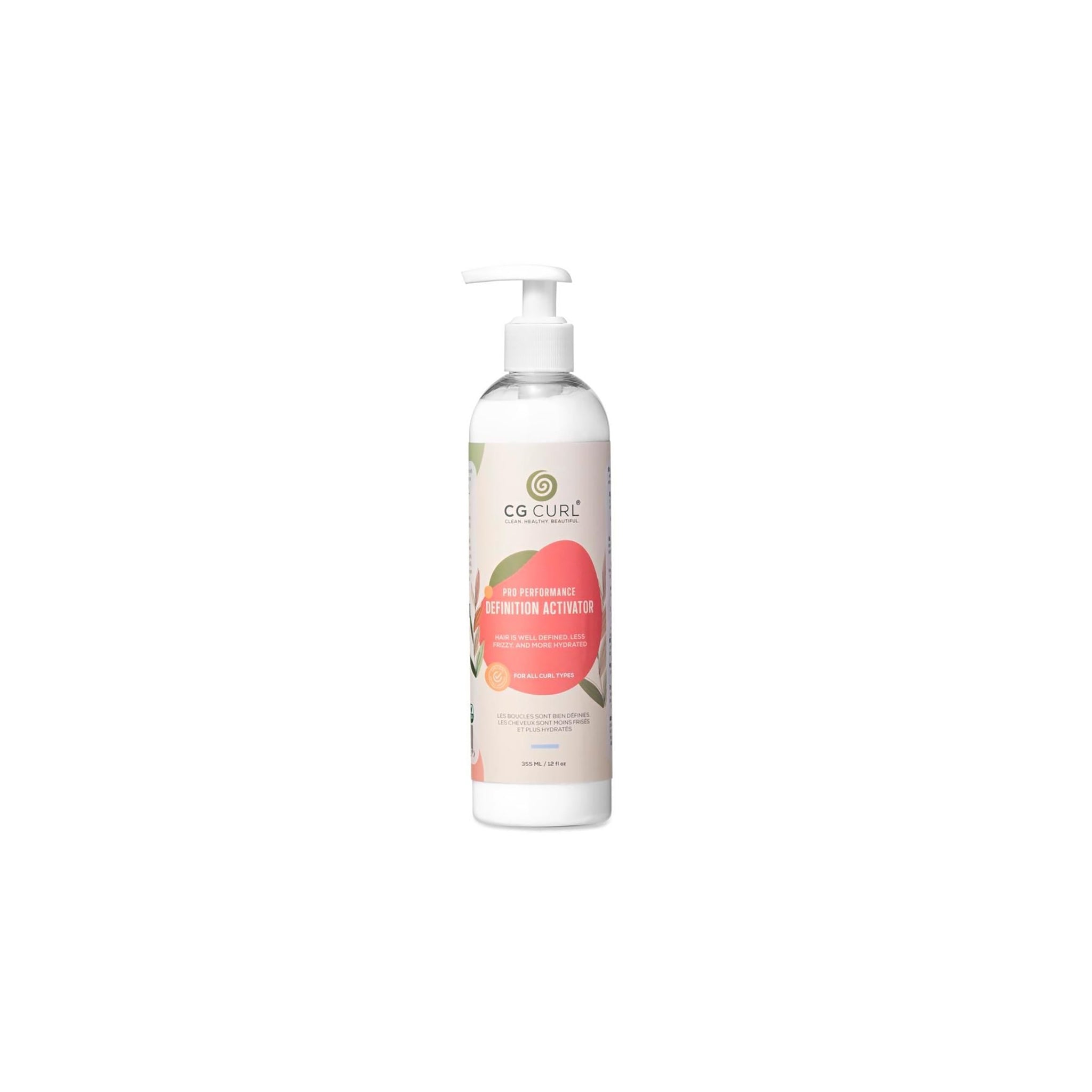 Flaske med CG Curl Pro Performance Definition Activator med hvid pumpe.
