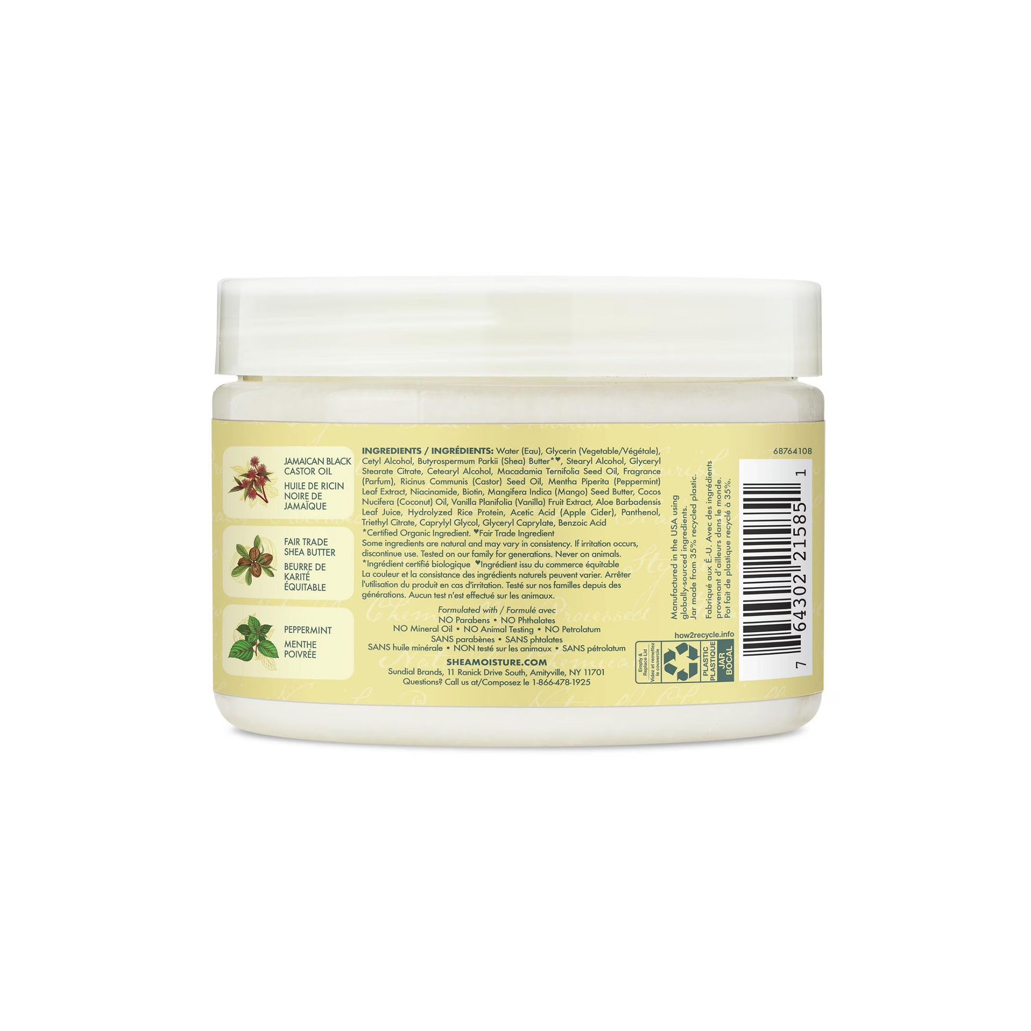 Bagsiden af Shea Moisture Jamaican Black Castor Oil Smoothie (340 g) med ingrediensliste og information om brandet.
