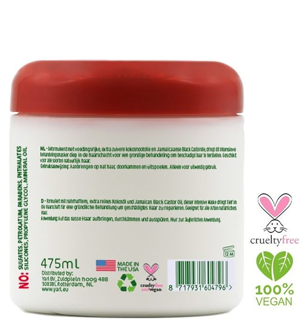 Yari Naturals Deep Mask Treatment 475ml. Bagside af en rød beholder med hvid skrift. 