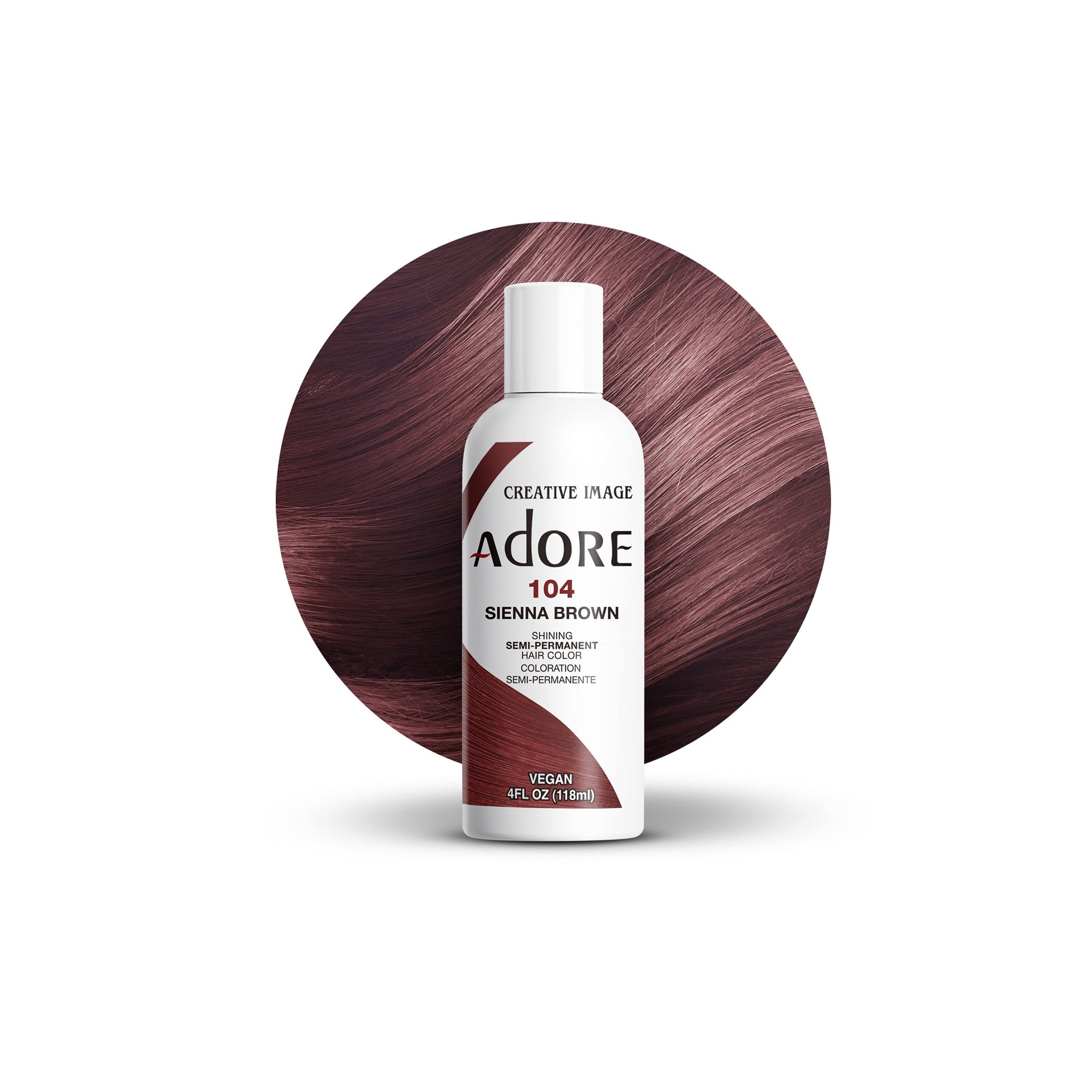 Adore Color No 104 Sienna Brown hårfarveflaske foran rund farveprøve i varm brun nuance.