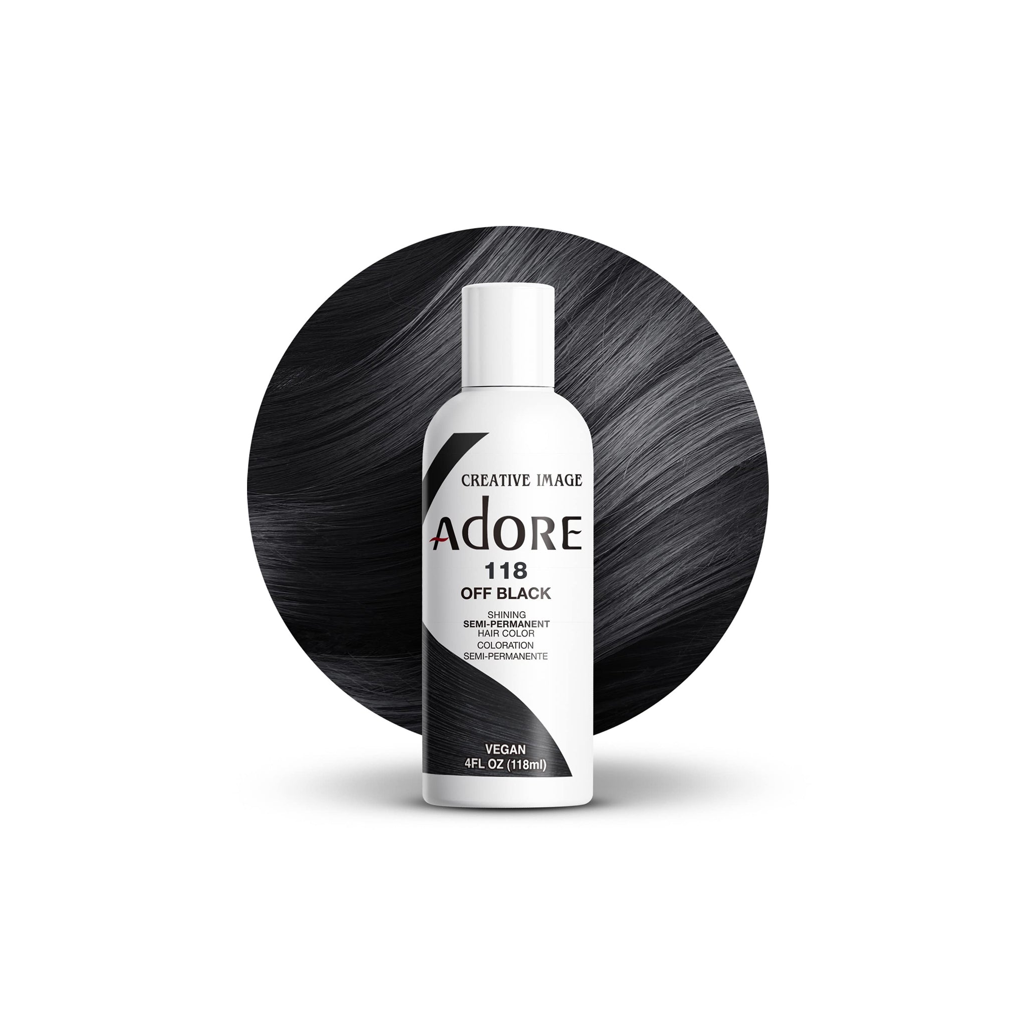 Adore Color No 118 Off Black hårfarveflaske foran skinnende mørk hårprøve i naturlig sort nuance