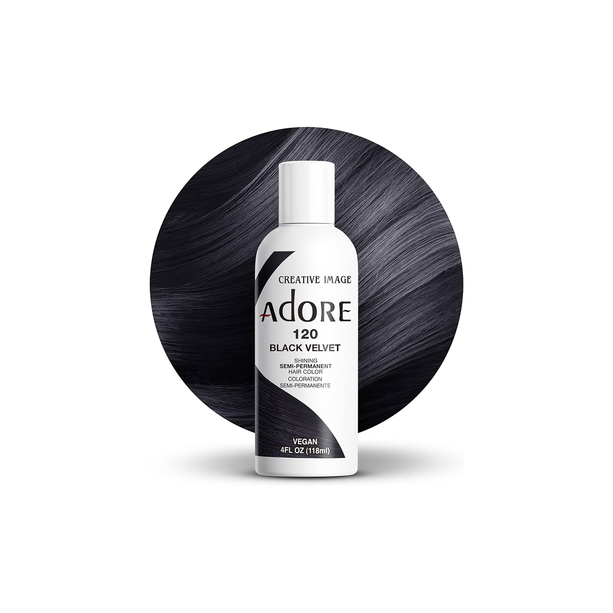 Adore Color No 120 Black Velvet hårfarveflaske foran en rund hårprøve i dyb, sort nuance med violette undertoner.