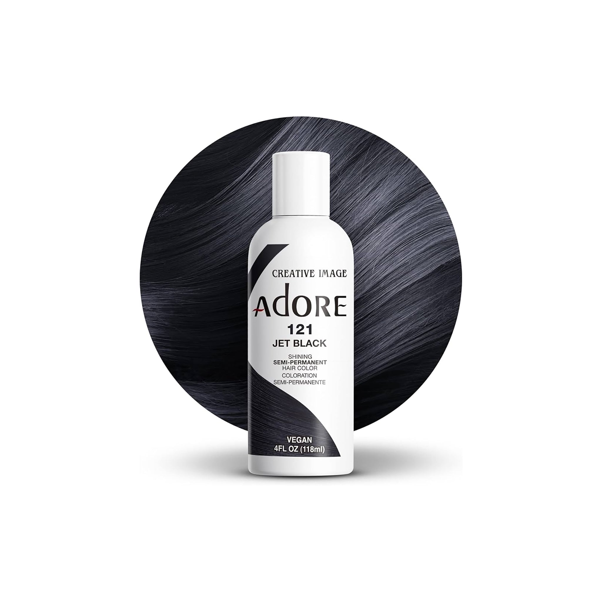 Adore Color No 121 Jet Black hårfarveflaske foran en rund hårprøve i intens sort nuance med høj glansfinish.