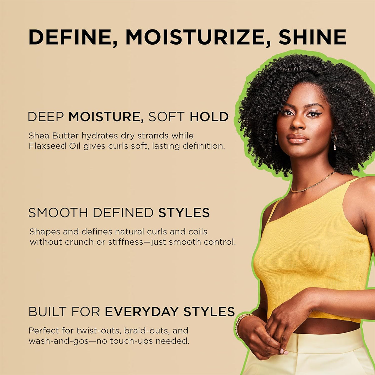 African Pride Moisture Miracle Curling Cream 340gr fremhævet med kvinde med krøller i gul top og produktbeskrivelser.