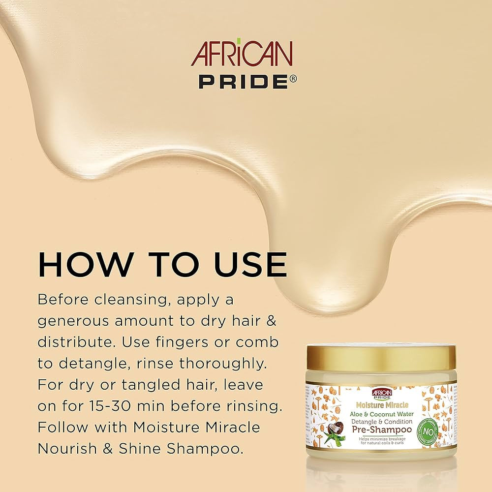 African Pride Moisture Miracle Pre-Shampoo 340gr med brugsguide på beige baggrund.