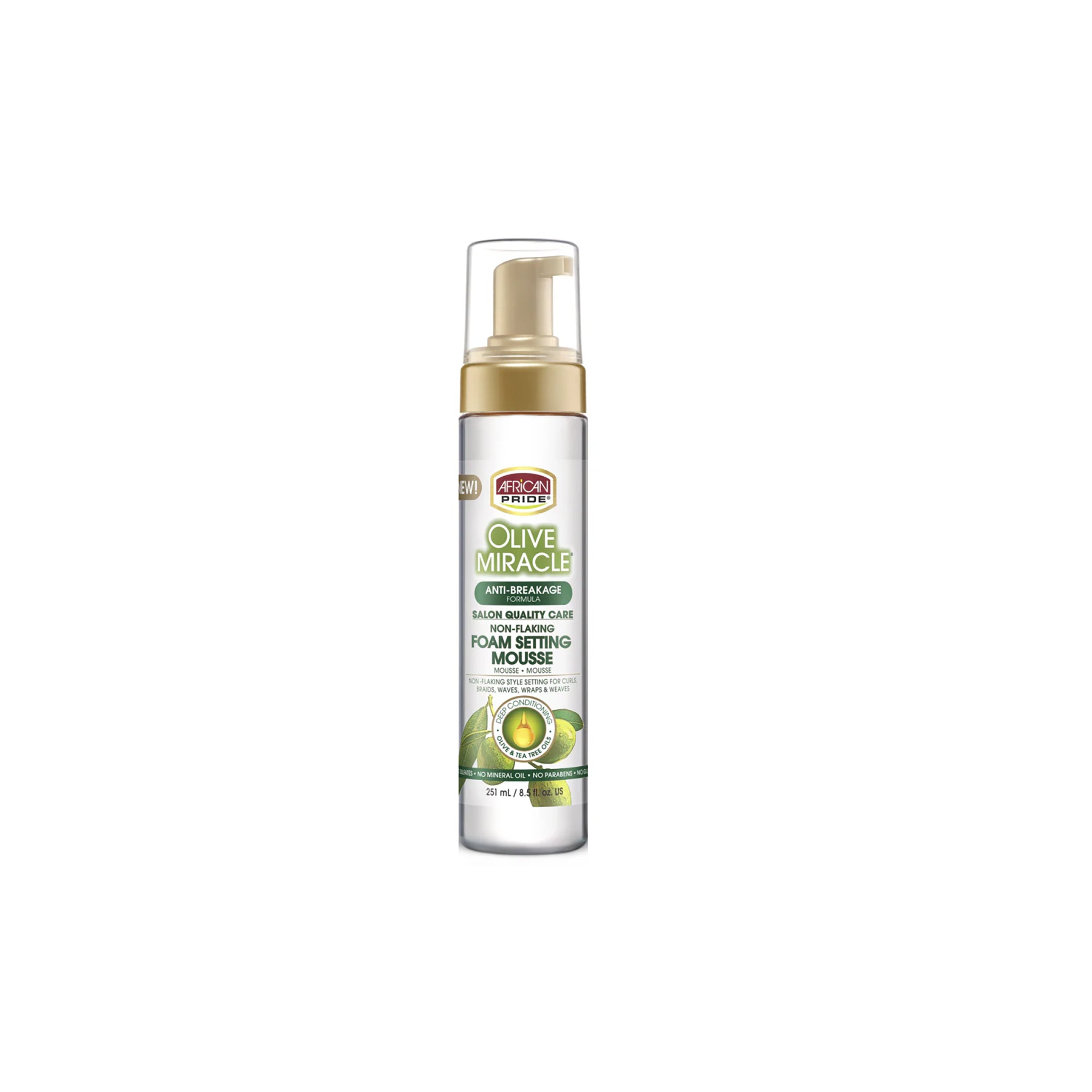 African Pride Olive Foam Setting Mousse 251ml med guldfarvet hætte står mod hvid baggrund.