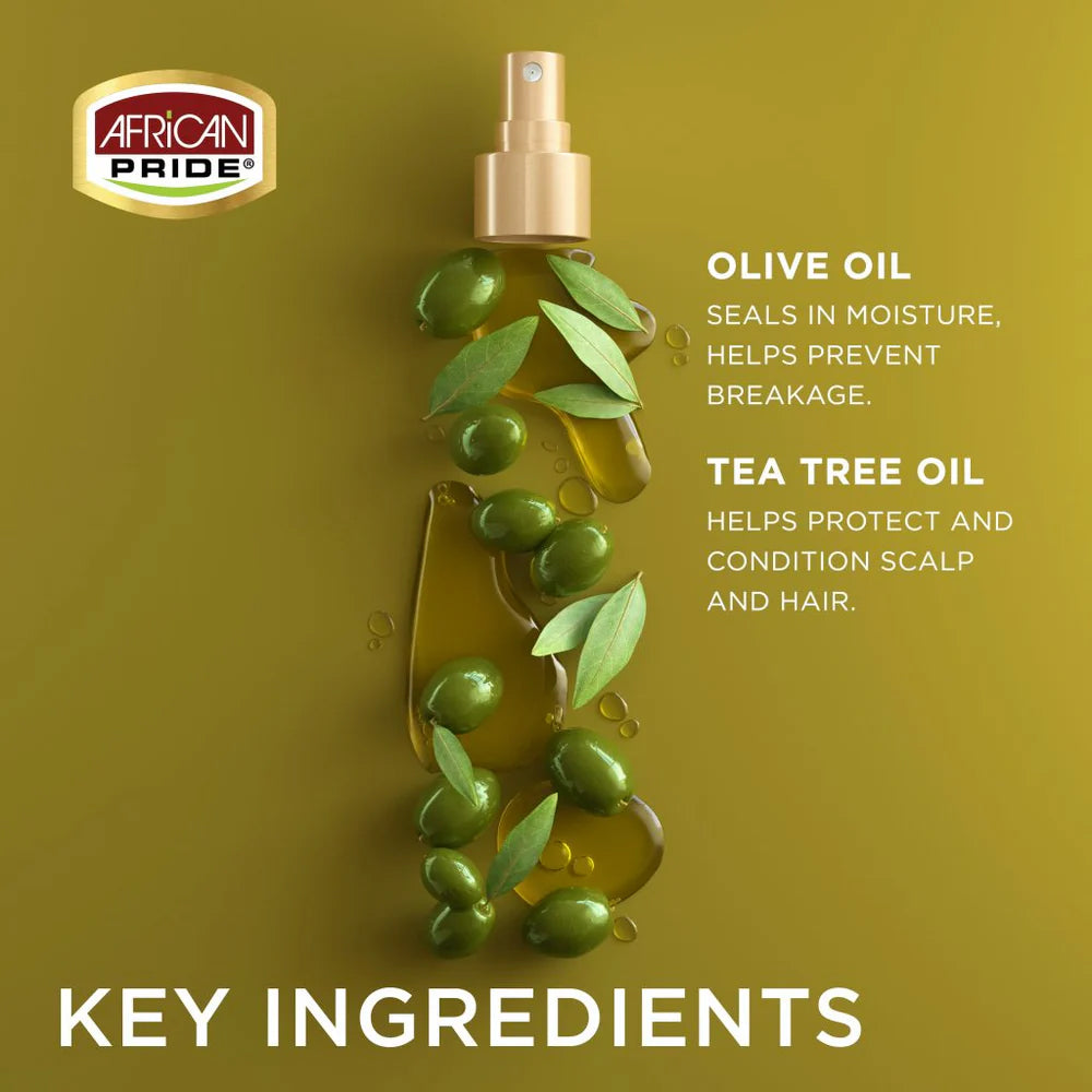 African Pride Olive Miracle Leave-In Conditioner 355ml, olier og blade fremhæver hovedingredienserne oliven- og tea tree-olie.