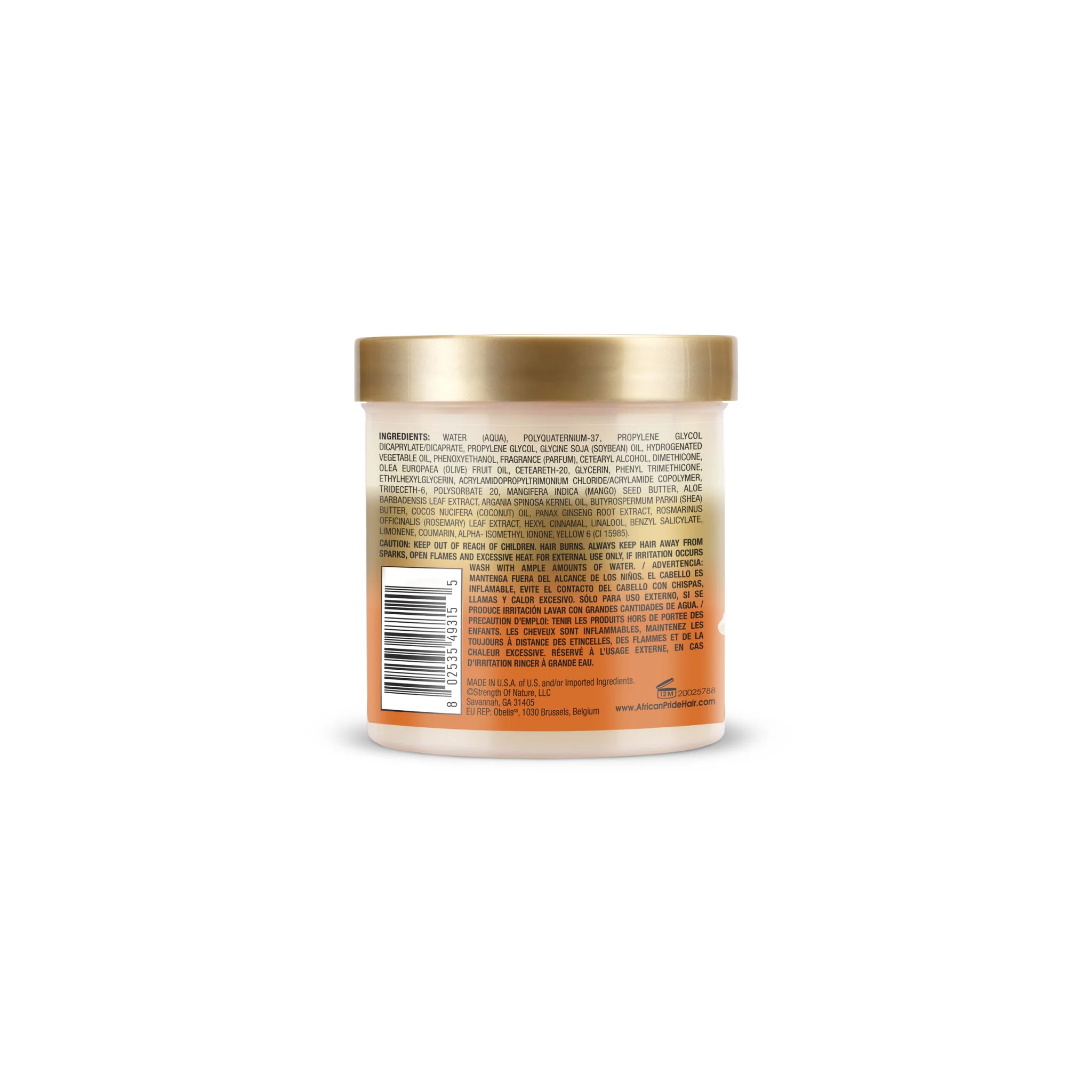 African Pride Shea Leave In Conditioner 425gr med gylden låg og ingrediensliste vises på bagsiden.