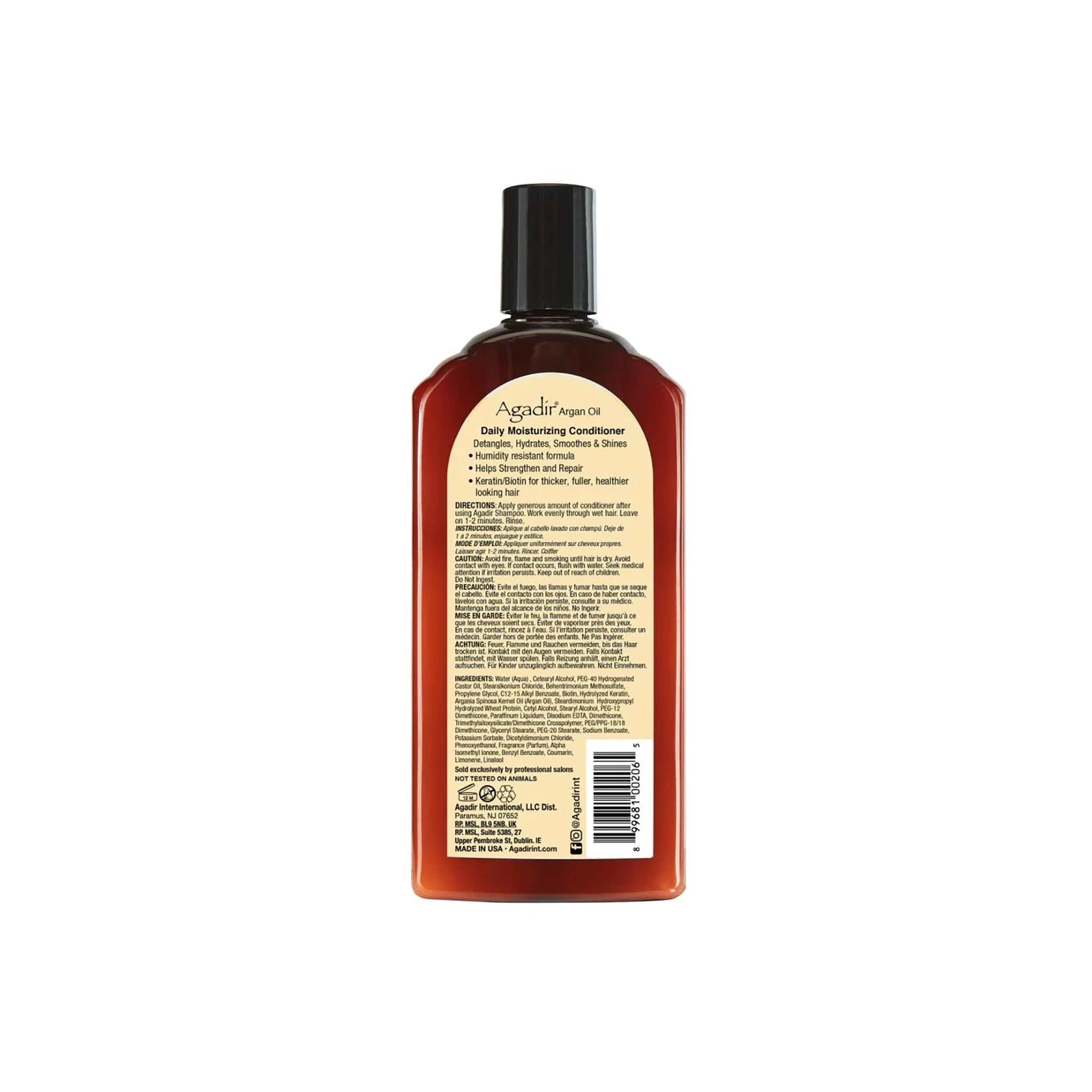 Bagside af en brun flaske med Agadir Argan Oil Daily Moisturizing Conditioner. Etiketten viser produktoplysninger og ingredienser.
