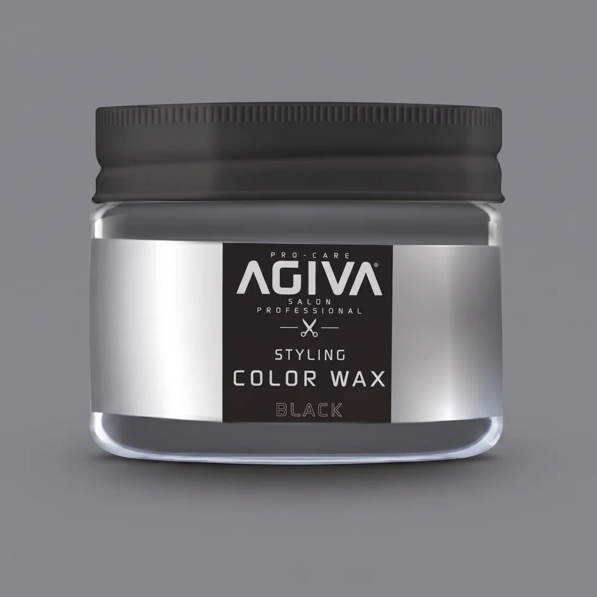 Agiva Styling Color Wax Black i gennemsigtig krukke med sort skrue-låg på grå baggrund.