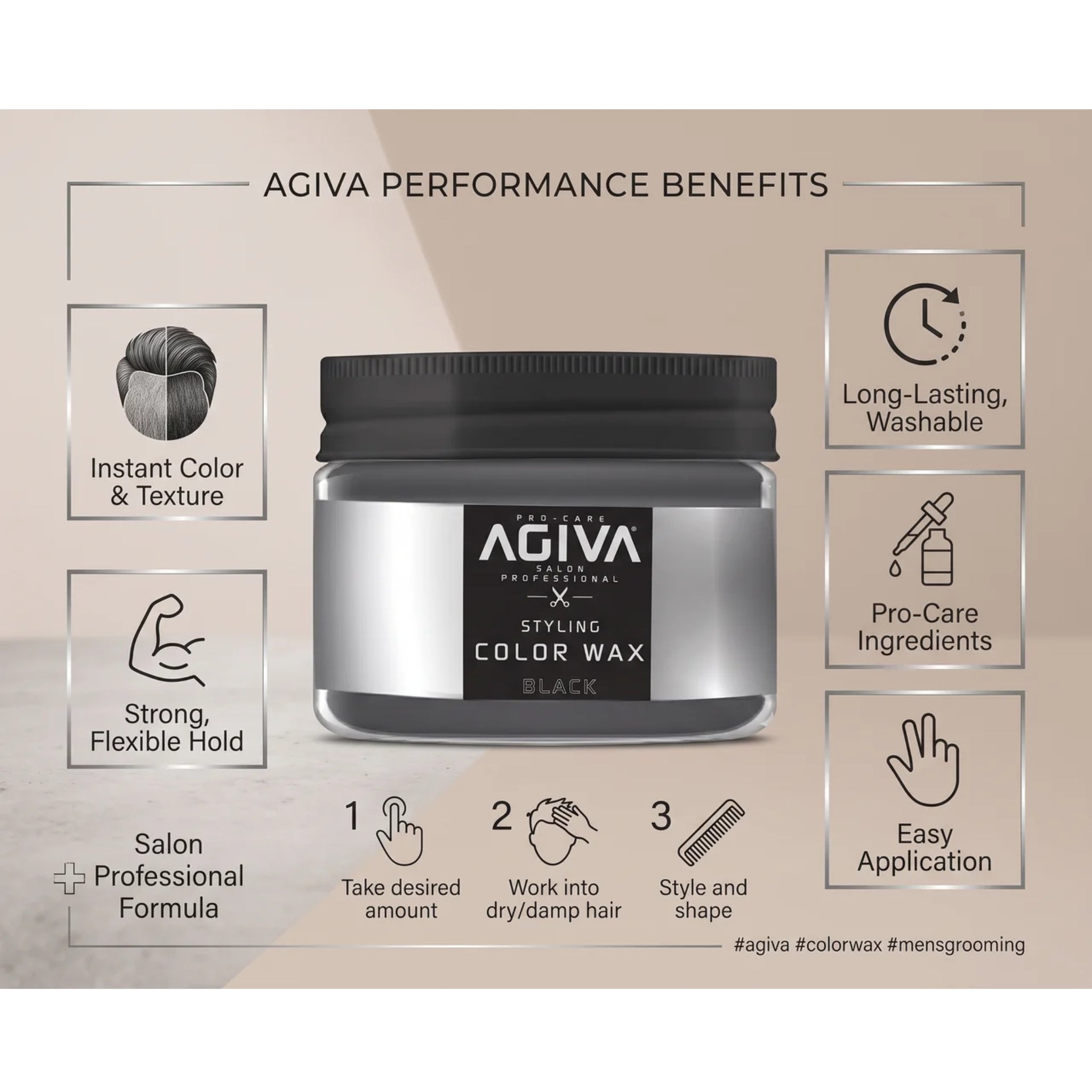 AGIVA Color Wax Black i sølvglas med sort låg, omgivet af ikoner der viser fordele og brugsanvisning i 3 trin.