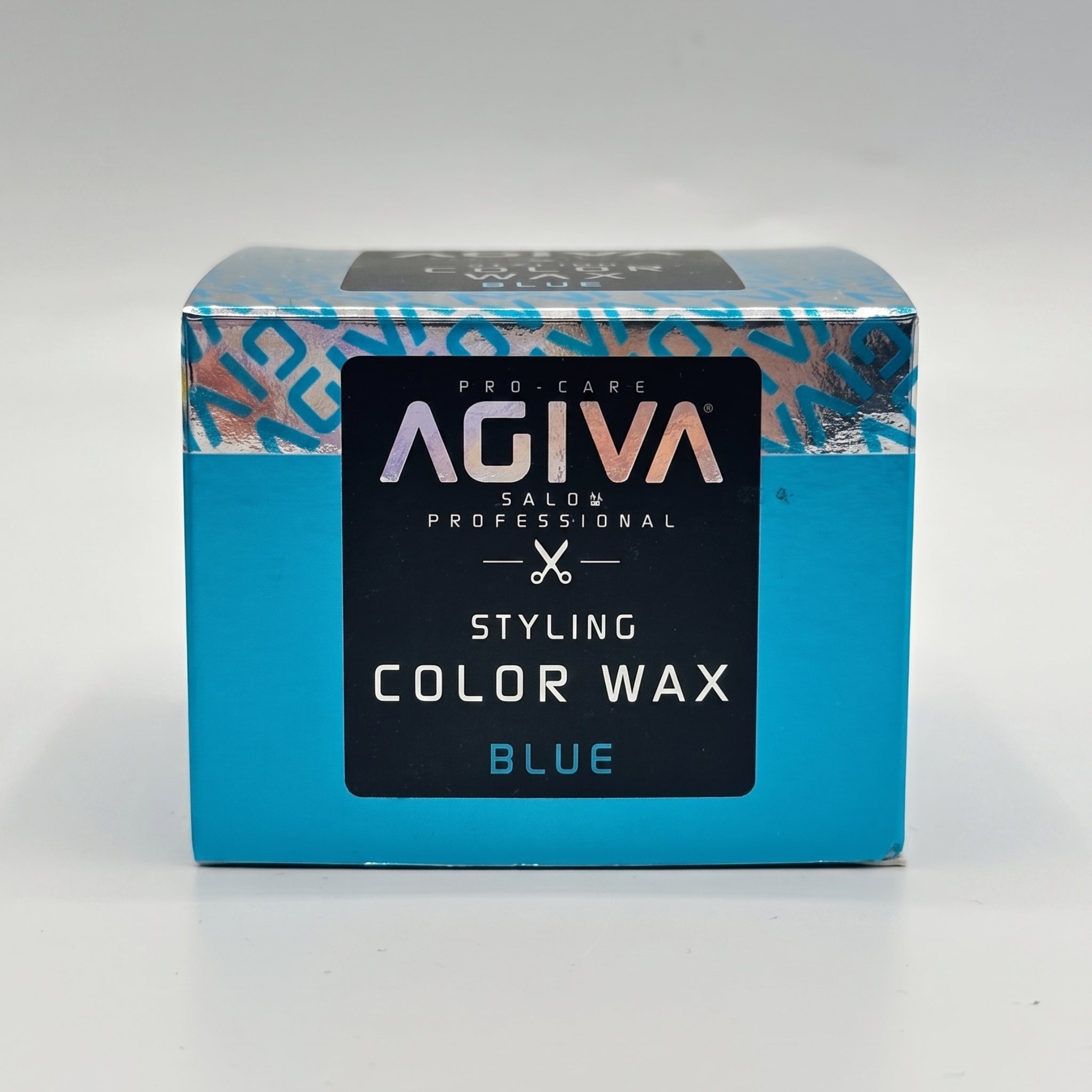 Agiva Pro-Care Styling Color Wax Blue i turkis emballage med sølv-mønstret bånd og sort etiket.