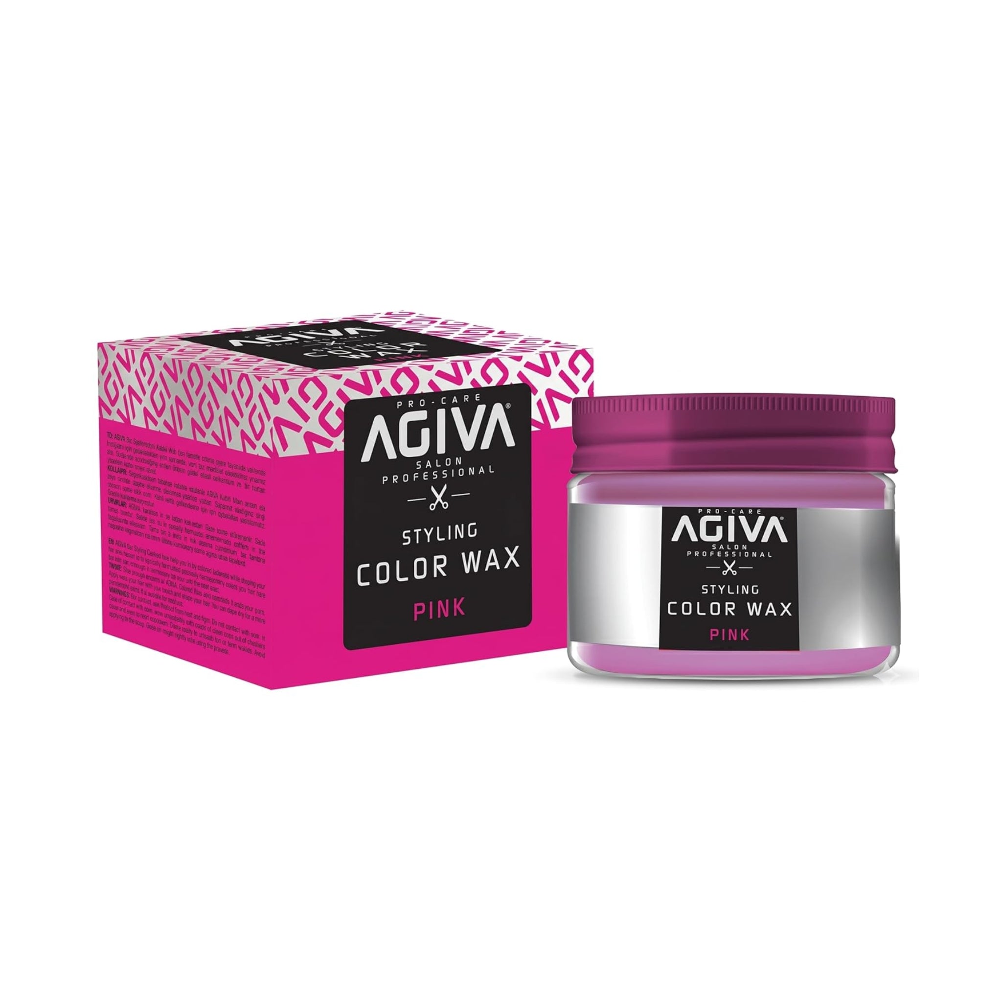 AGIVA Styling Color Wax Pink i lyserød emballage med sølvetiket, ved siden af pink-hvid gaveæske med produktnavn.