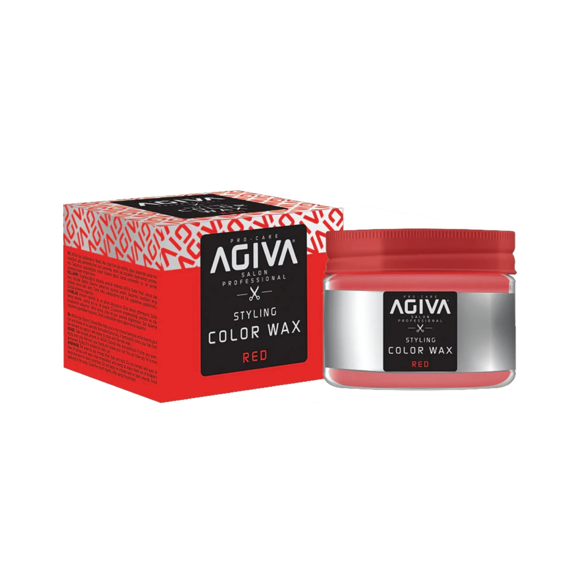 Agiva Styling Color Wax Red i rød emballage med sølvglas og rød hætte til hårstyling.