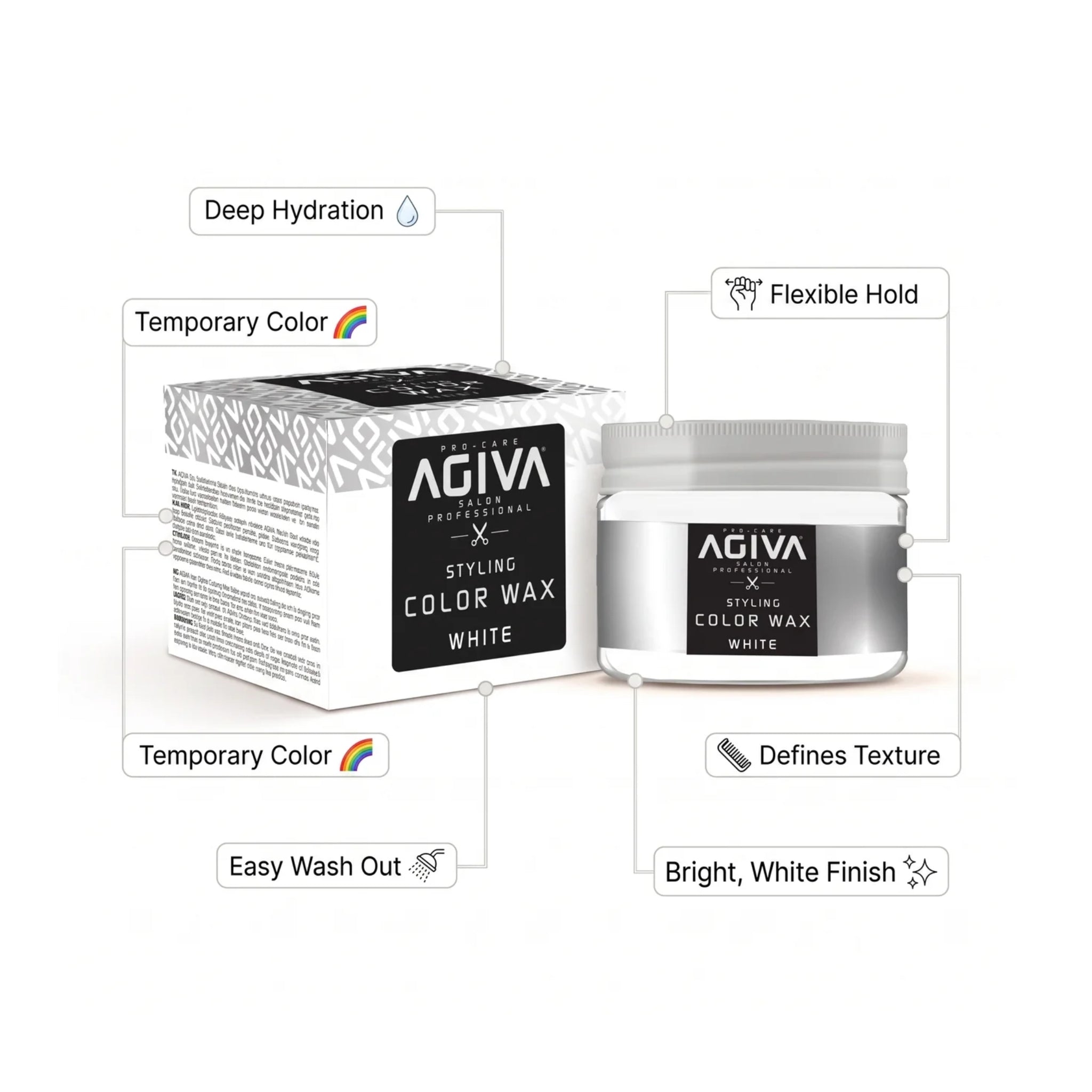 Agiva Color Wax White styling-produkt med krukke og æske, der viser fugtgivende, fleksibel hold og midlertidig hvid farve.