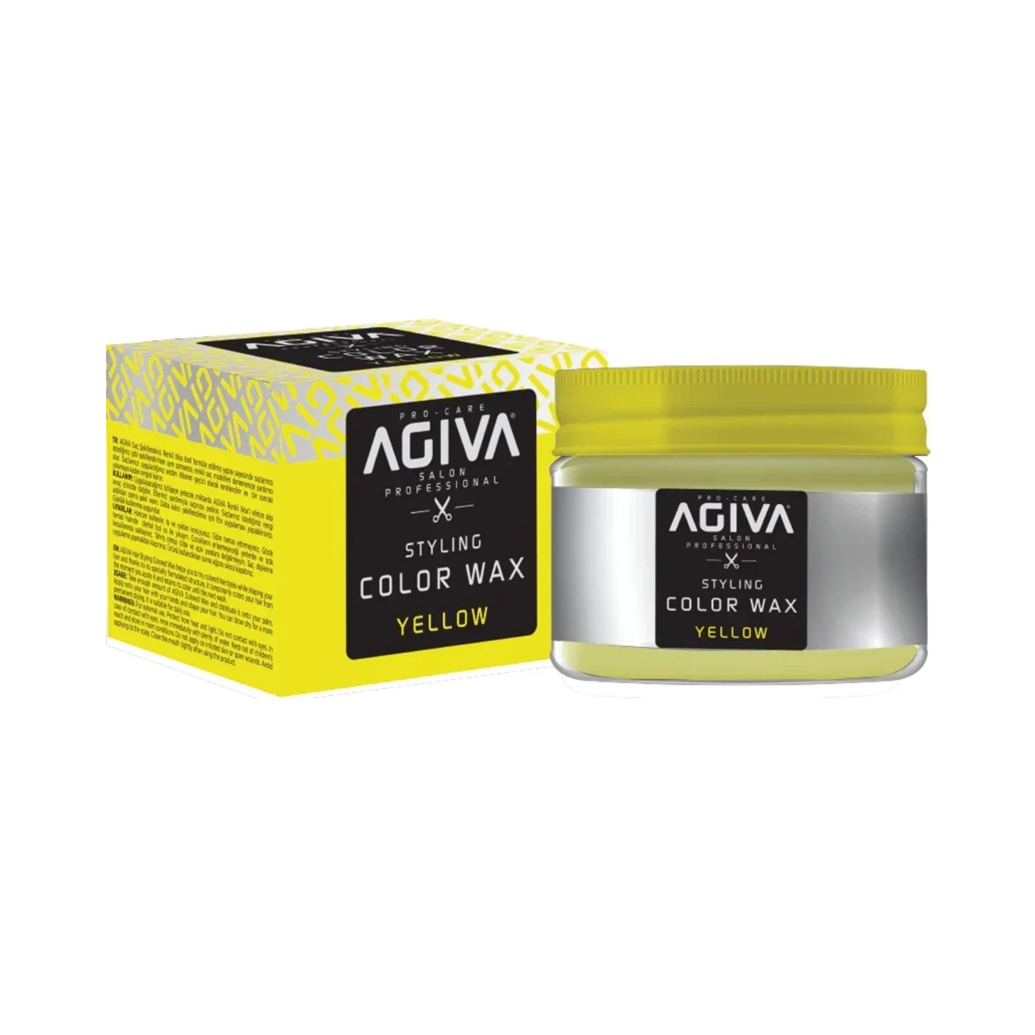 Agiva Styling Color Wax Yellow i gul emballage og glas med gul metallåg, professionel hårvoks.