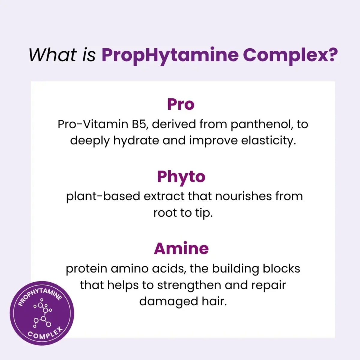 Infografik om PropHytamine Complex: Pro-Vitamin B5, plantebaseret Phyto-ekstrakt og Amine-aminosyrer til hårpleje.