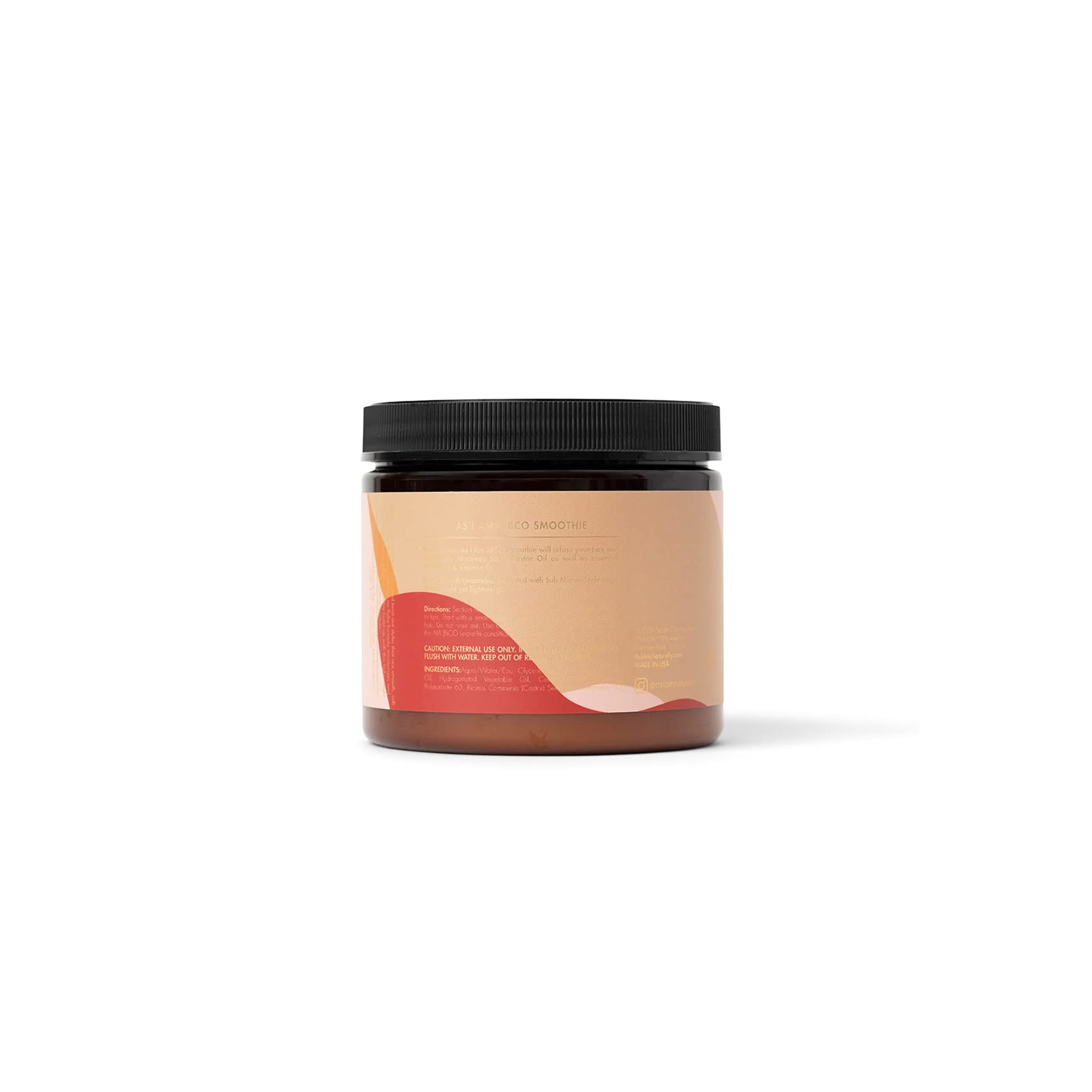 Bagsiden af en mørk krukke As I Am Jamaican Black Castor Oil Smoothie (454 g) med en lyserød og beige etiket, der indeholder ingrediensliste, brugsanvisning og anden produktinformation.