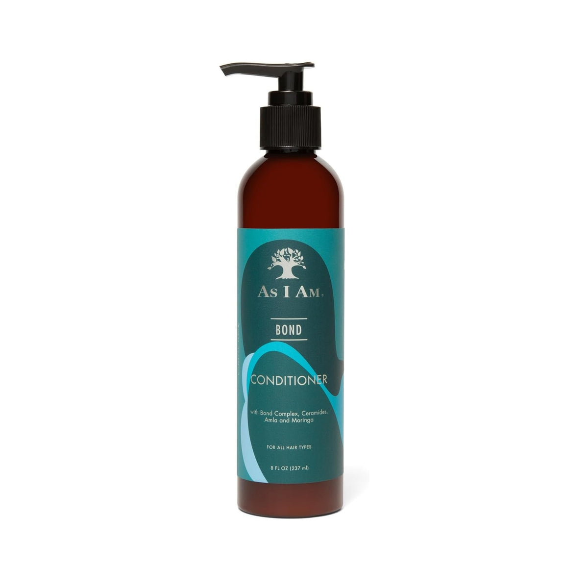 As I Am Bond Conditioner i brun pumpeflaske med türkis etiket, 237 ml, til alle hårtyper.