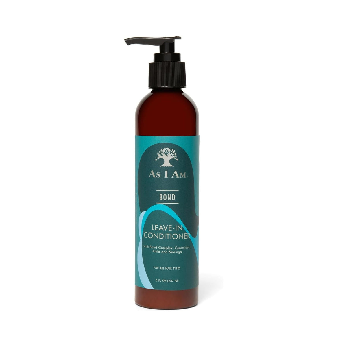 As I Am Bond Leave-In Conditioner, brun pumpeflaske med petroleumsfarvet etiket, 237 ml, til alle hårtyper.