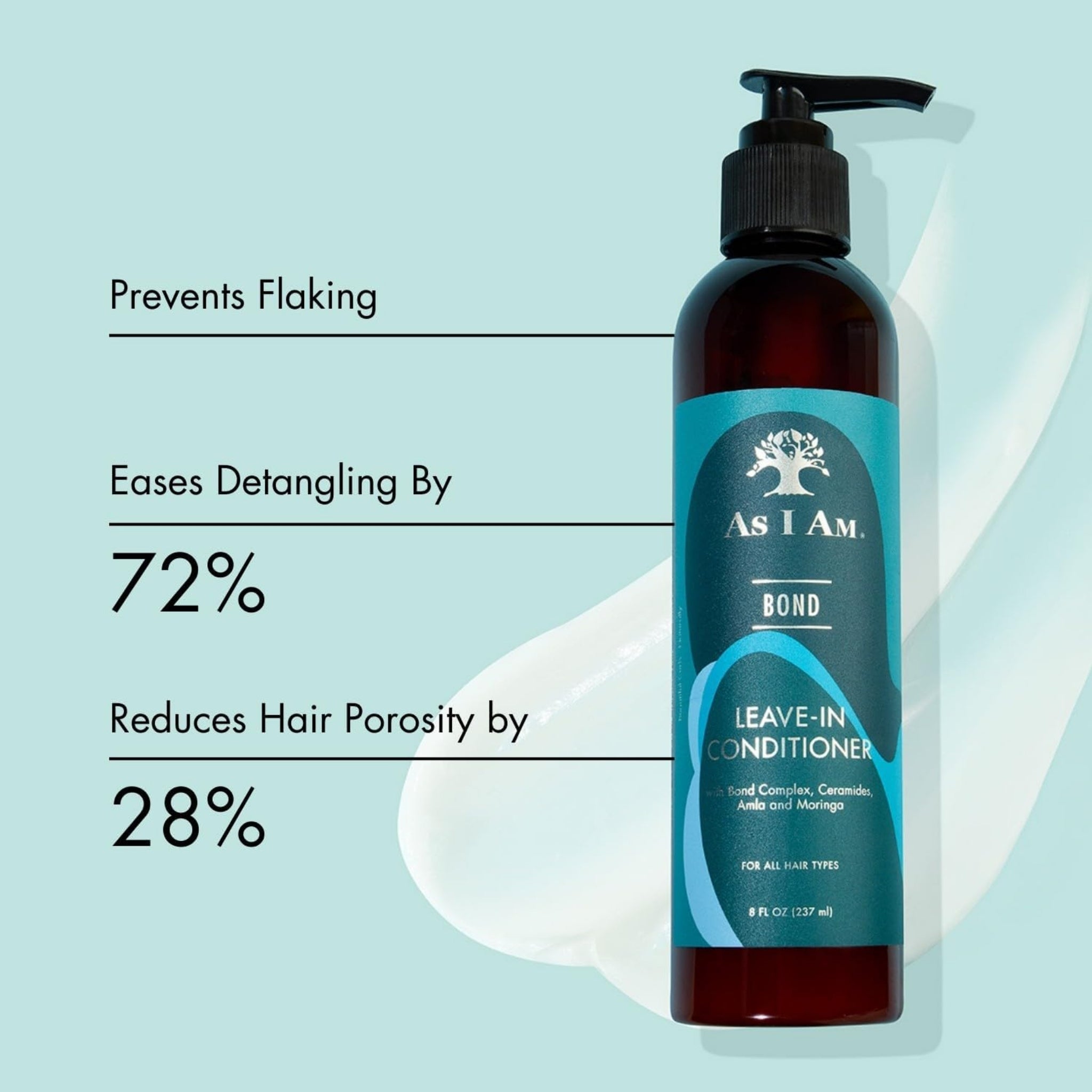 As I Am Bond Leave-In Conditioner flaske med pumpe, mørk flødefarvet creme, statistik om 72% mindre filtret hår og 28% mindre porøsitet.