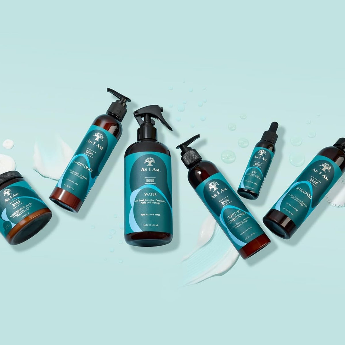 As I Am Bond hårplejeserie med shampoo, balsam, leave-in, olie, maske og vandspray på mintgrøn baggrund.