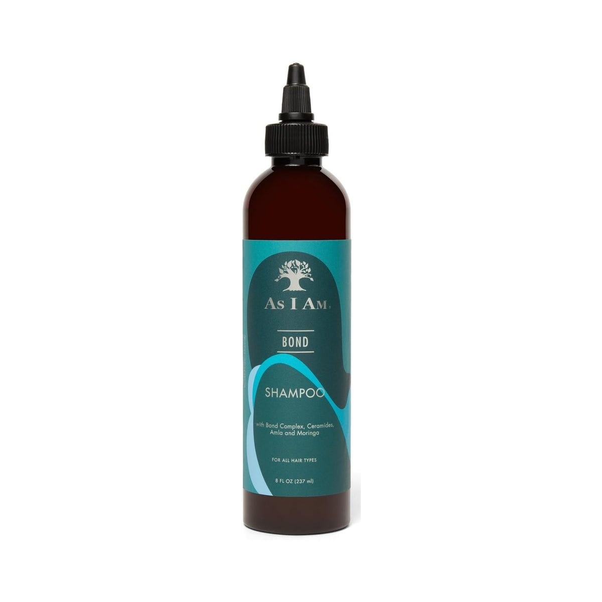 As I Am Bond Shampoo i brun flaske med sort dyttehætte og turkis etiket, 237 ml.