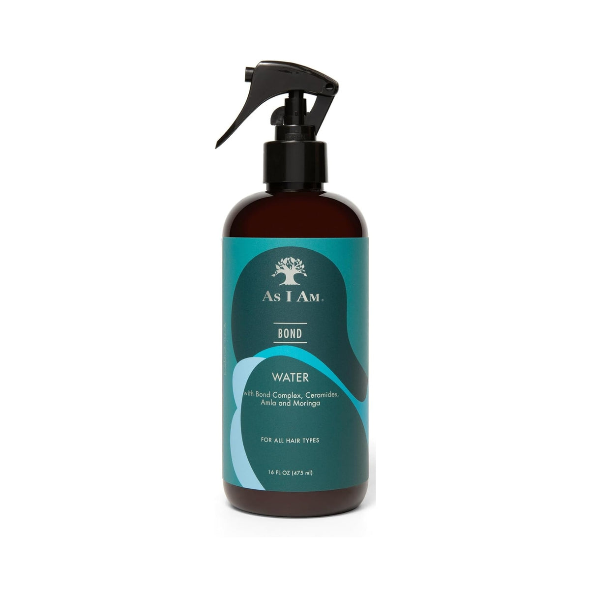 As I Am Bond Water sprayflaske med sort pumpehoved og turkis etiket, 475 ml til alle hårtyper.