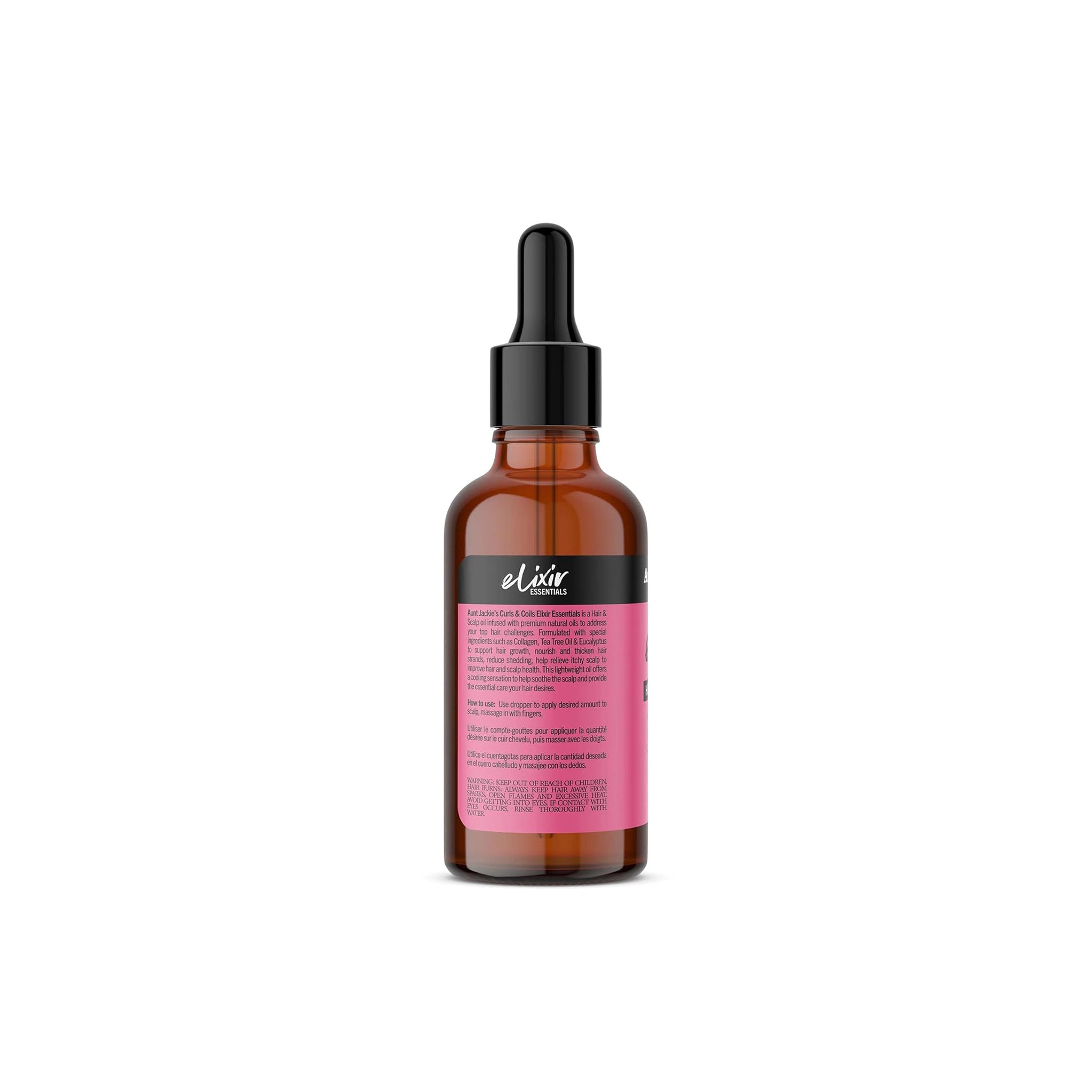 Bagsiden af Aunt Jackie's Elixir Hair & Scalp Oil (59 ml): Viser ingrediensliste og brugsanvisning.