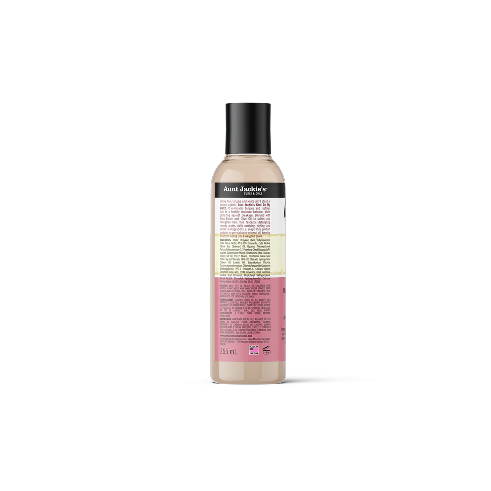 Bagsiden af en flaske Aunt Jackie's Knot On My Watch Instant Detangling Therapy. Viser ingrediensliste og produktinformation, inklusiv mængden 355 ml.