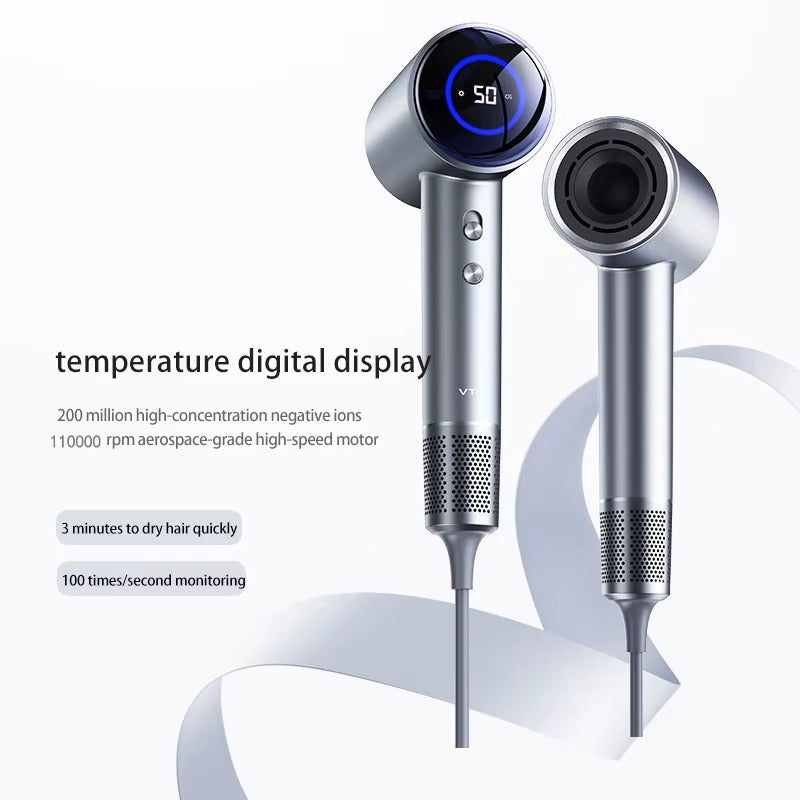 Aurion Professionel Ionisk Hårtørrer i sølv med digitalt temperaturdisplay, 110000 rpm motor og ionisk teknologi for hurtig og skånsom tørring.