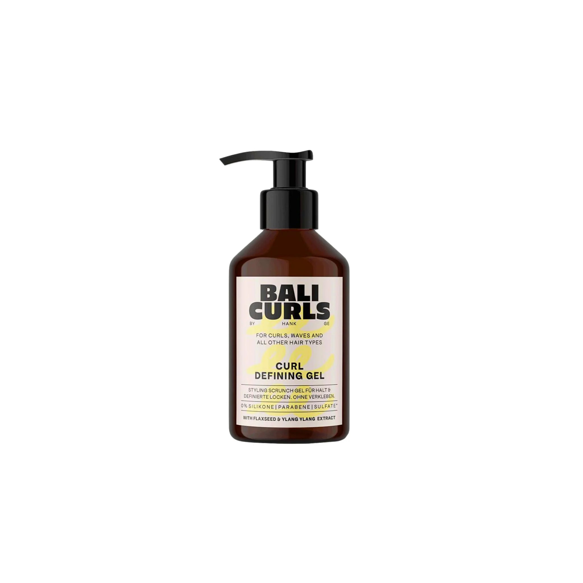 Bali Curls Curl Defining Gel 150ml i brun pumpeflaske med sort låg og gulhvid etiket med sort og gul tekst.
