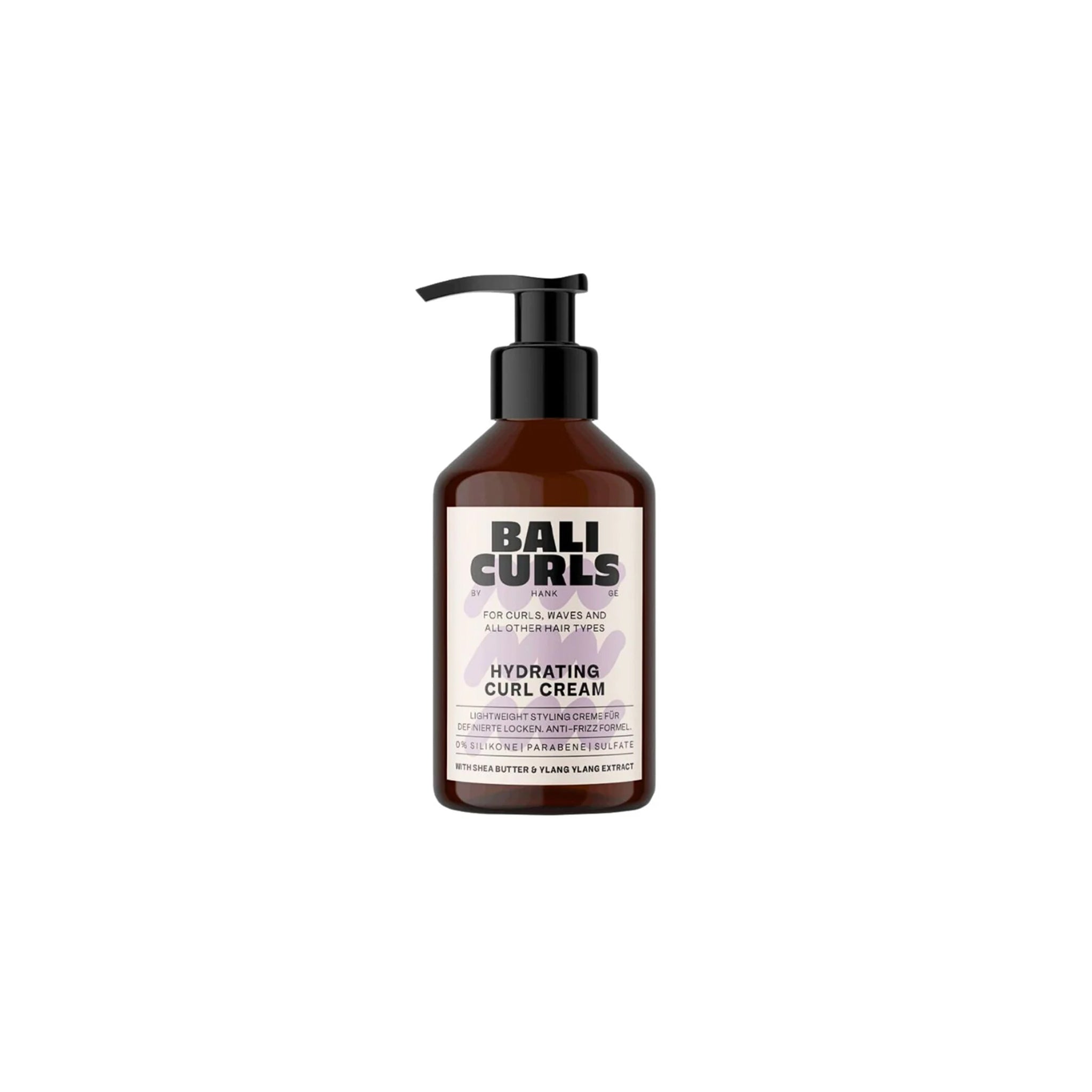 Bali Curls Hydrating Curl Cream 150ml i brun pumpeflaske med sort låg og lys etiket med sort og lilla tekst.