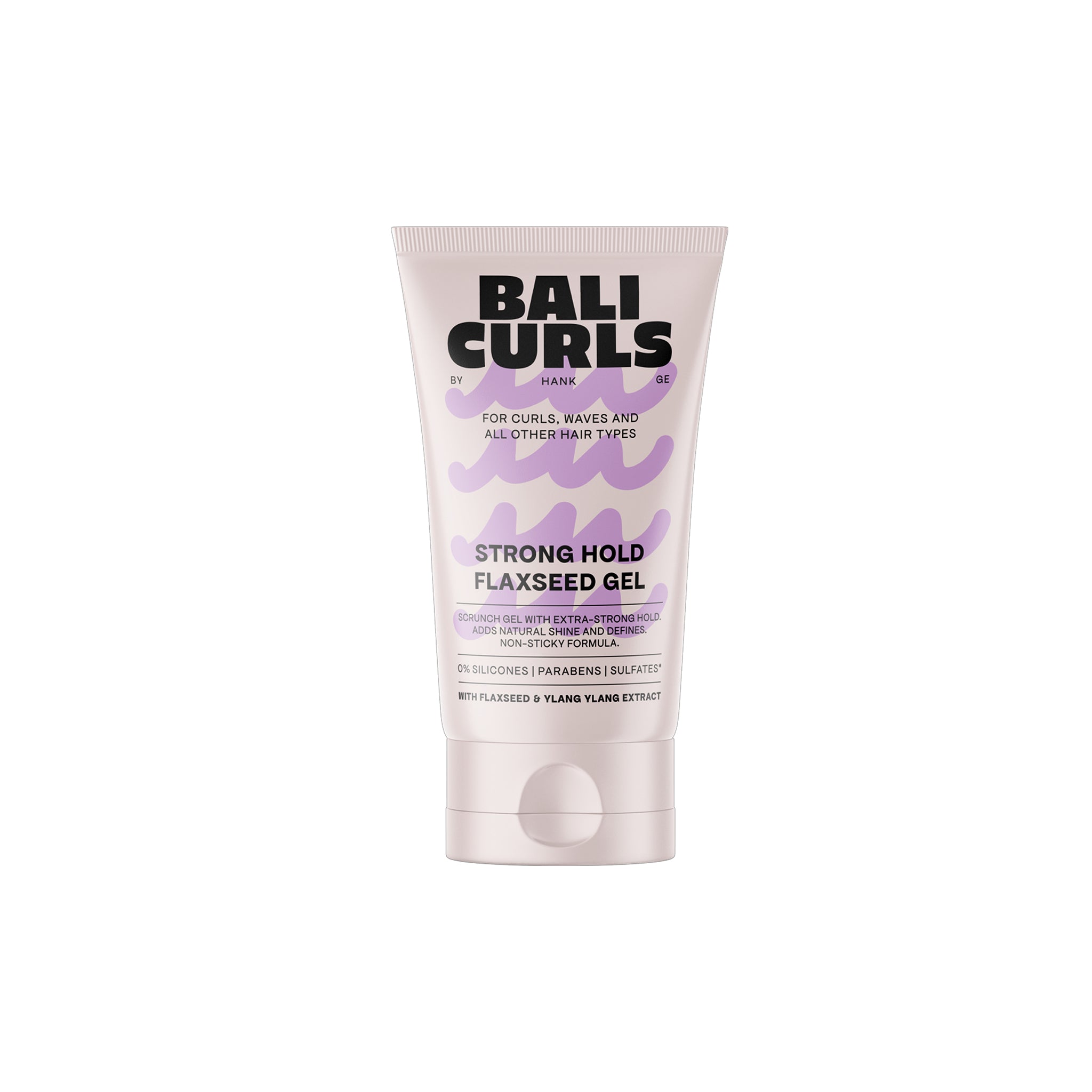 Bali Curls Strong Hold Flaxseed Gel 150ml i lys tube med lilla bølgemønster og sort tekst til krøllet hår.