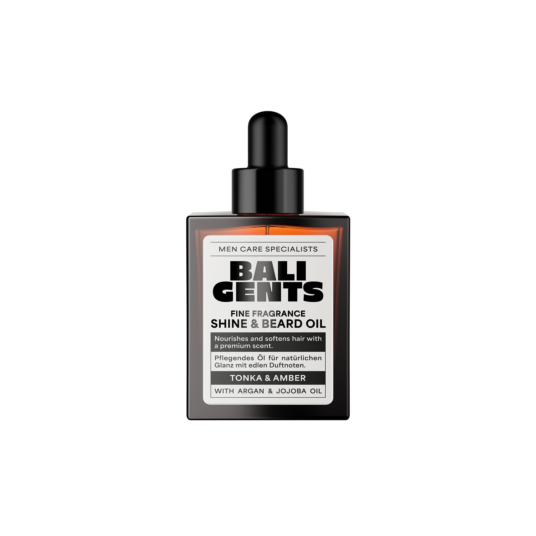 Flaske med BALI GENTS Shine & Beard Oil i brun glas med sort pipette, til skinnende og velduftende skægpleje.