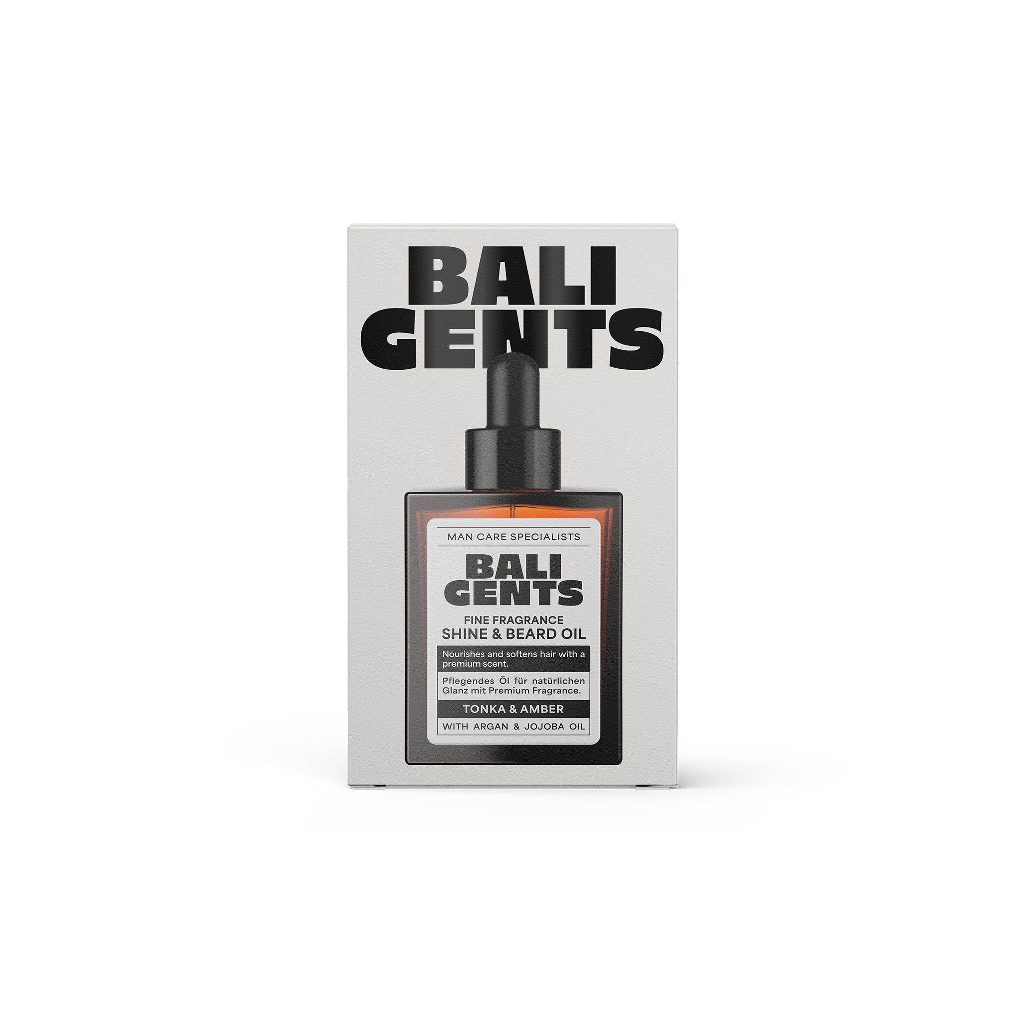 Bali Gents Beard Oil 30ml i elegant brun glasflaske med pipette og sort-hvid emballage med tydelig produkttekst.