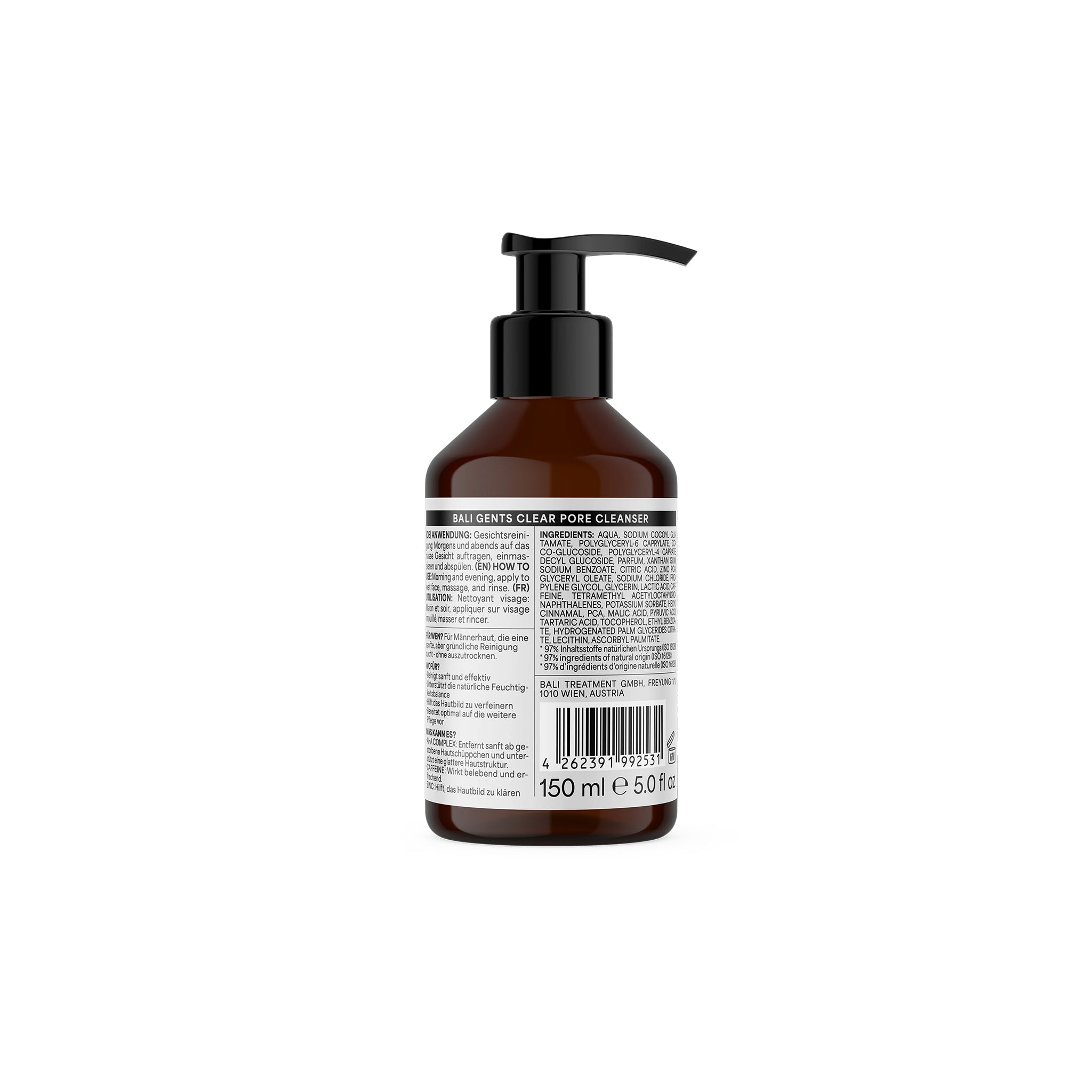 Brun pumpeflaske med Bali Gents Gentle Face & Beard Wash 150ml, set bagfra med ingrediensliste og stregkode.