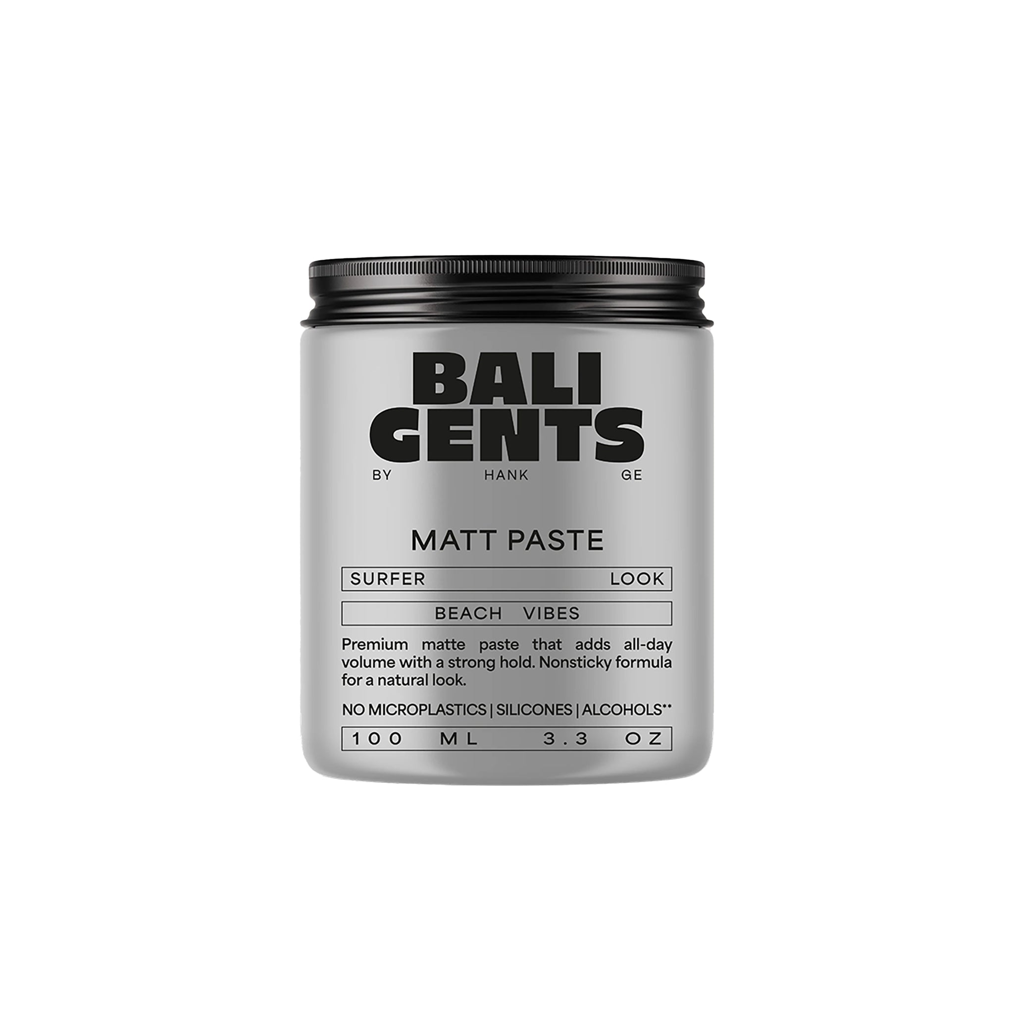 Grå 100 ml dåse med BALI GENTS Matt Paste, en stærkt holdbar hårvoks til surfer-look uden mikroplastik eller silikone.