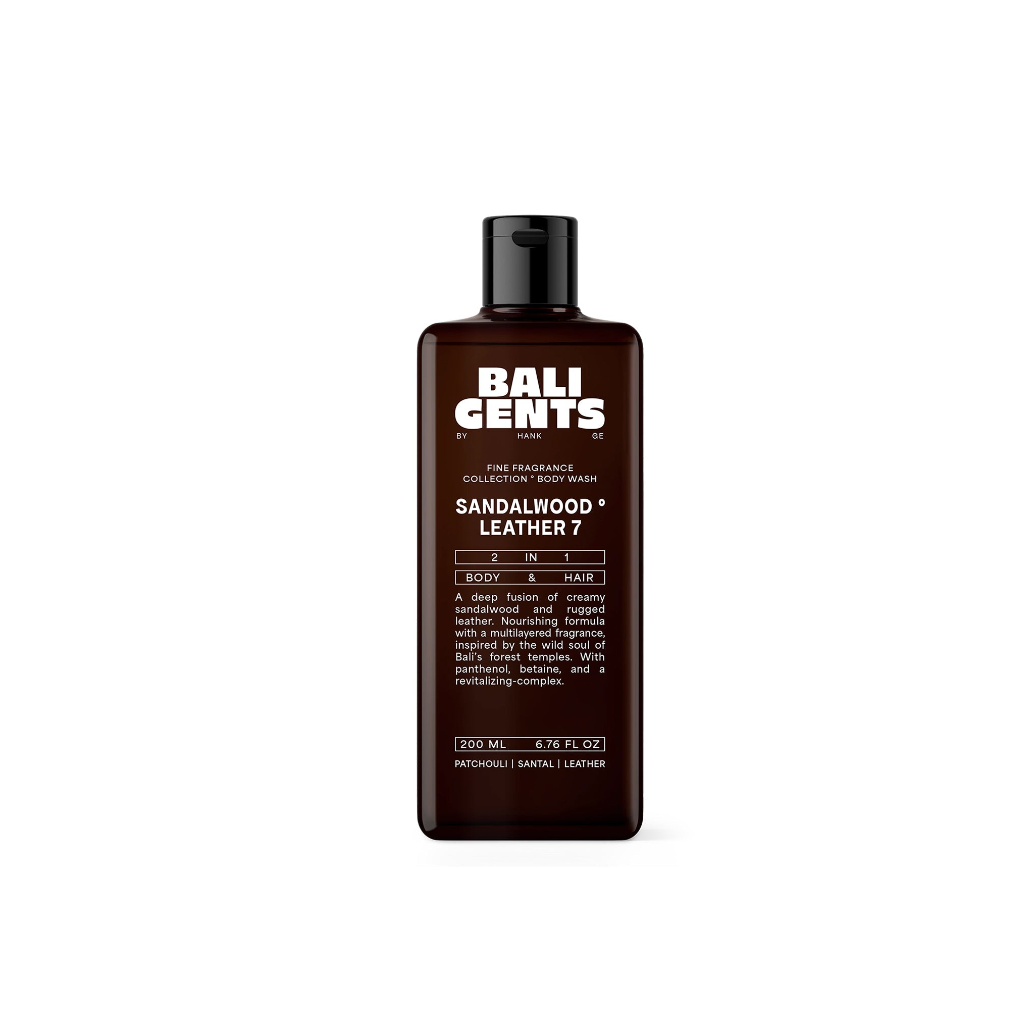 Mørkebrun flaske Bali Gents Sandalwood Leather 7 body wash til krop og hår med duft af sandeltræ, patchouli og læder.