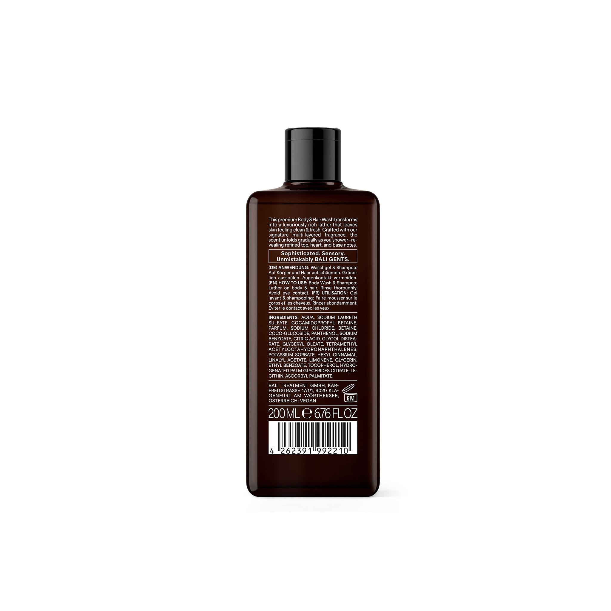Mørkebrún flaske med 200 ml BALI GENTS. body & hair wash, set bagfra med ingrediensliste og produkttekst i hvid og gul skrift.