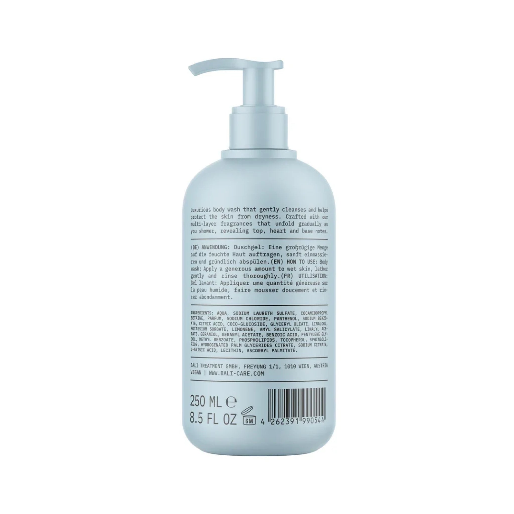 Bagside af Bali Care body wash pumpeflaske, 250 ml, med ingrediensliste og brugsanvisning på lyseblå flaske.