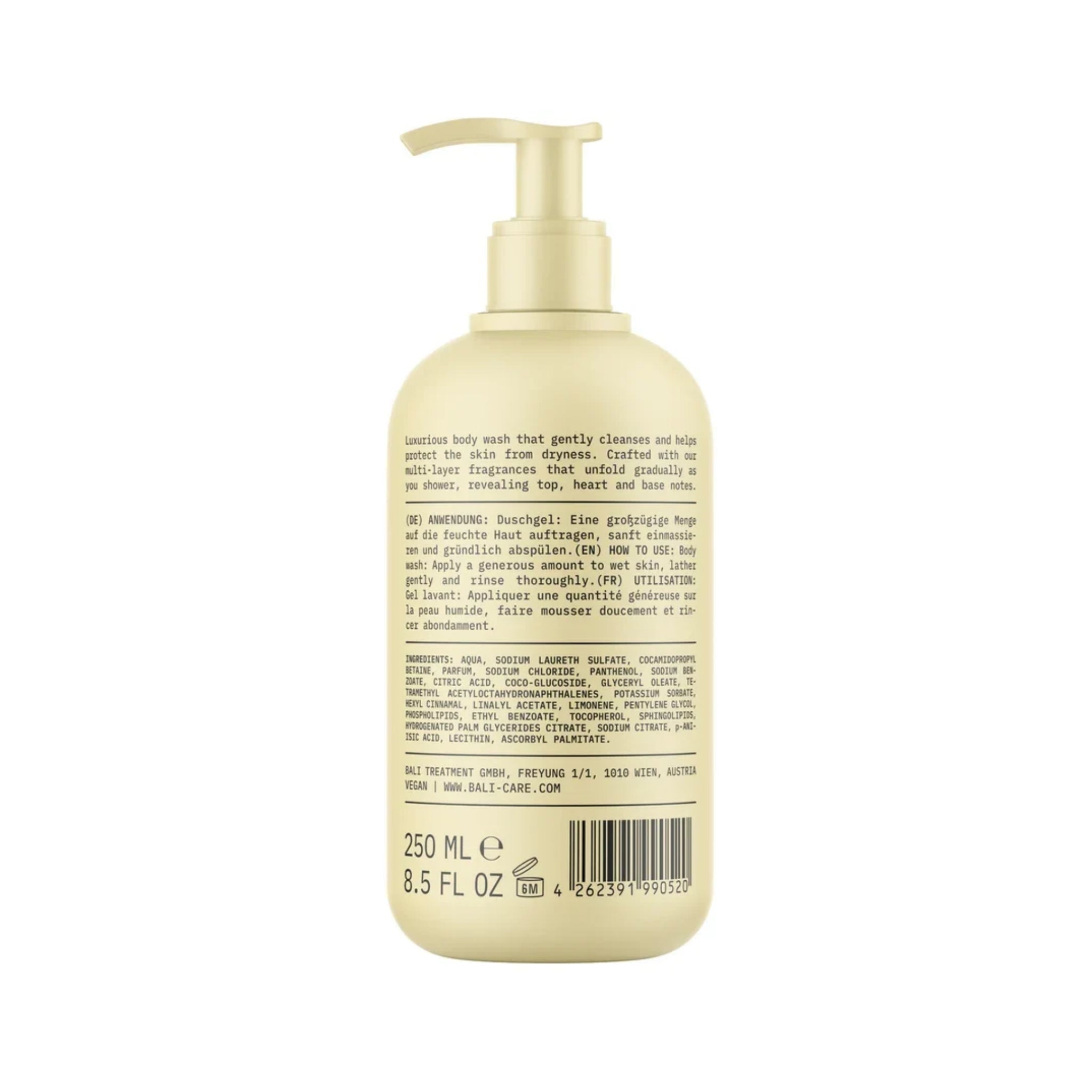 Beige pumpeflaske med Bali Treatment brusegel, bagside med ingredienser og brugsanvisning, 250 ml.