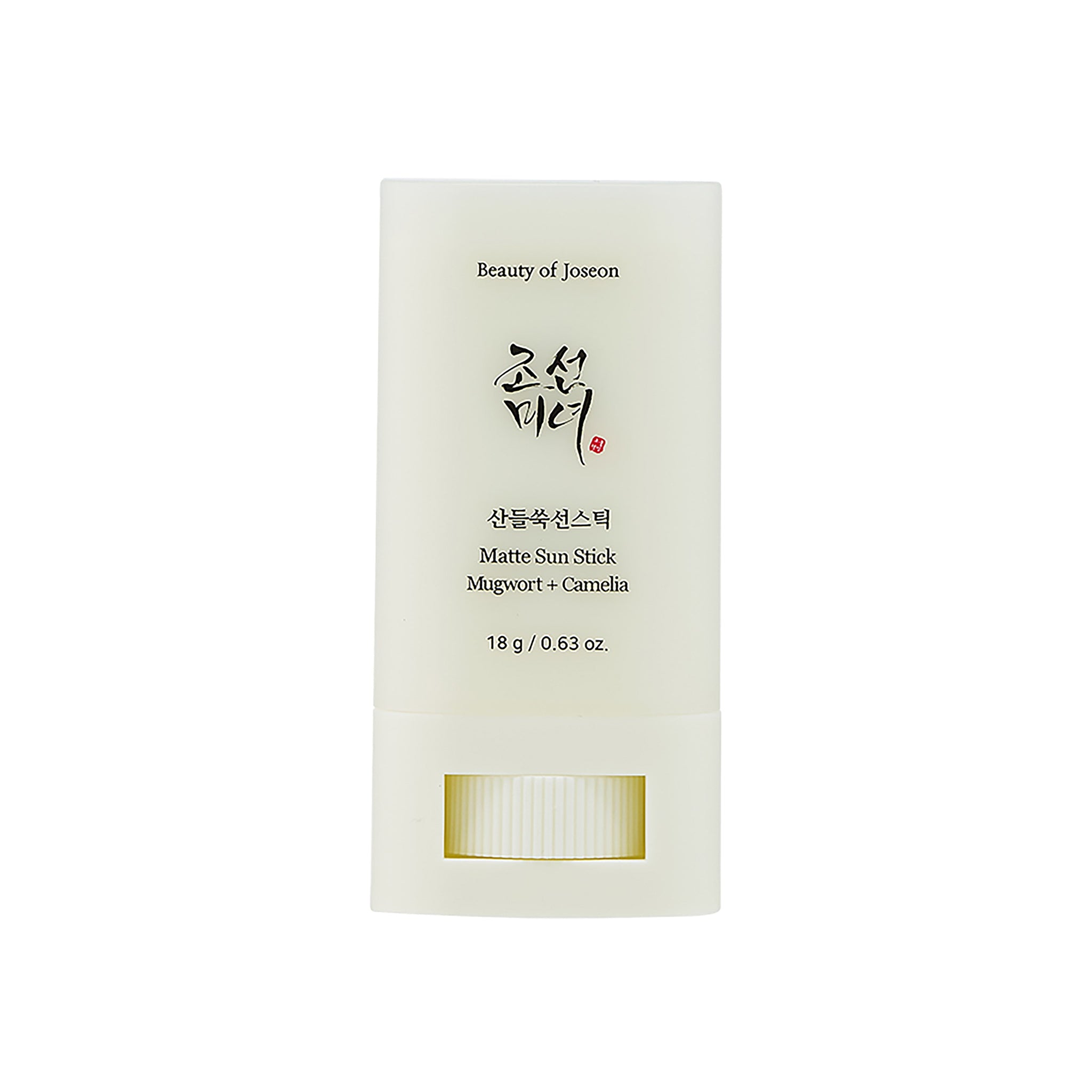 Beauty of Joseon Matte Sun Stick Mugwort + Camelia 18gr i minimalistisk hvid beholder med sort tekst og rød logoaccent.