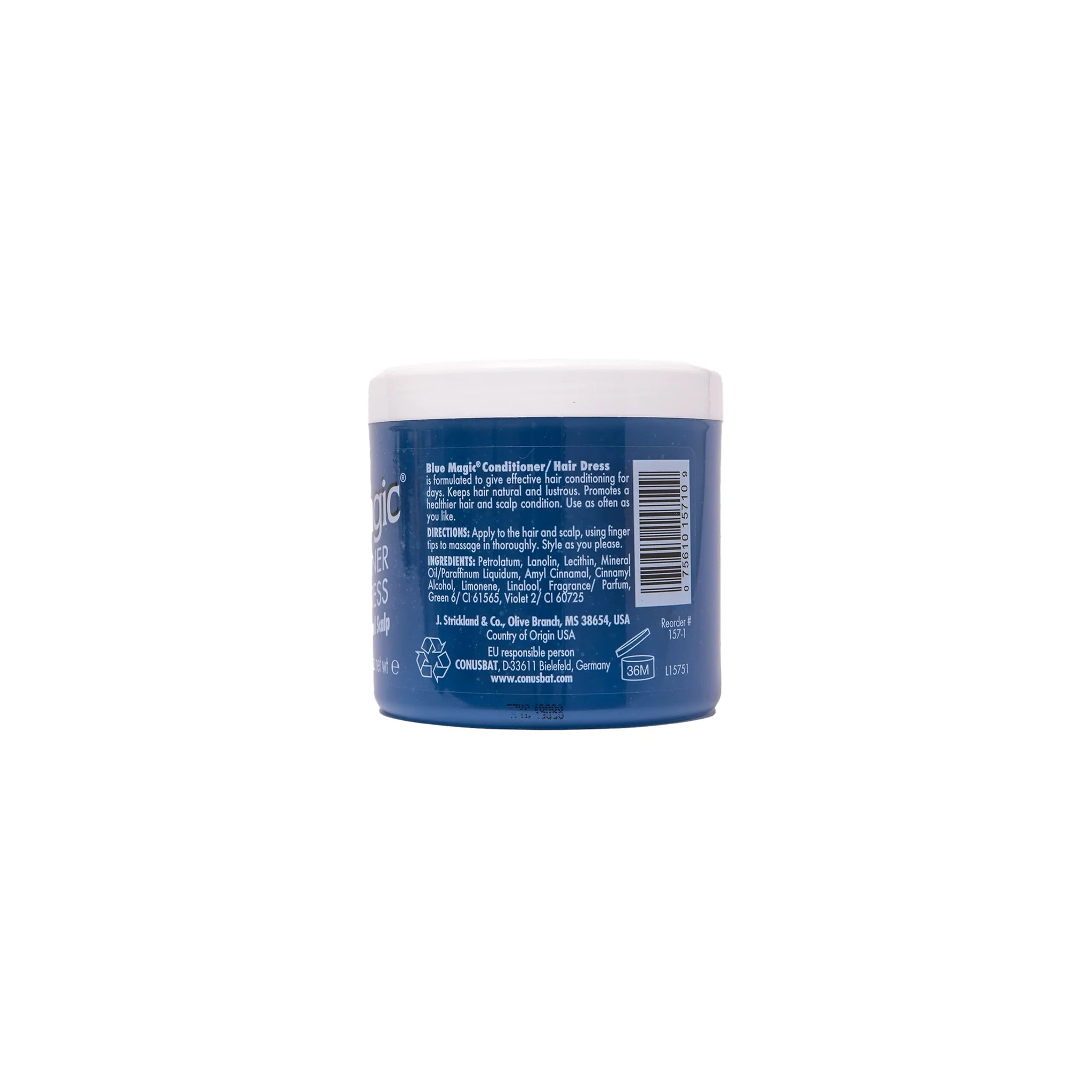 Bagsiden af en blå bøtte Blue Magic Conditioner Hair Dress med hvidt låg. Ingredienser og brugsanvisning er trykt på etiketten.