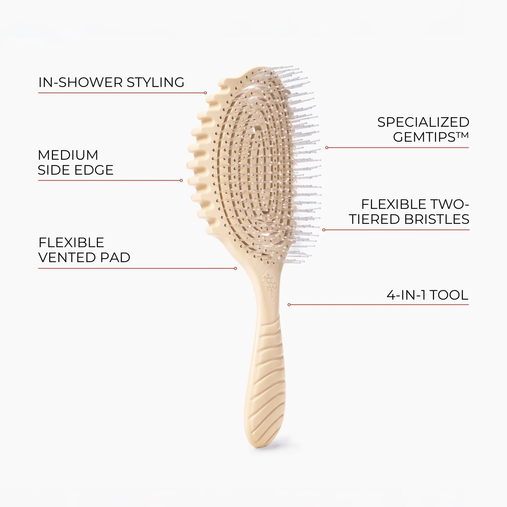 Beige hårbørste med GemTips-børster, ventileret pude og bølget håndtag – 4-i-1 redskab til in-shower styling.