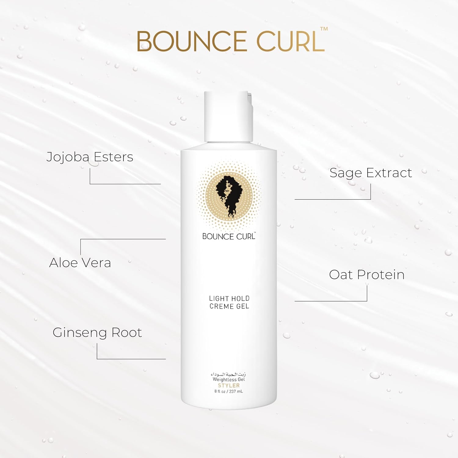 Bounce Curl Light Crème Gel med ingredienser som aloe vera, jojoba, ginsengrod, havreprotein og salvieekstrakt.