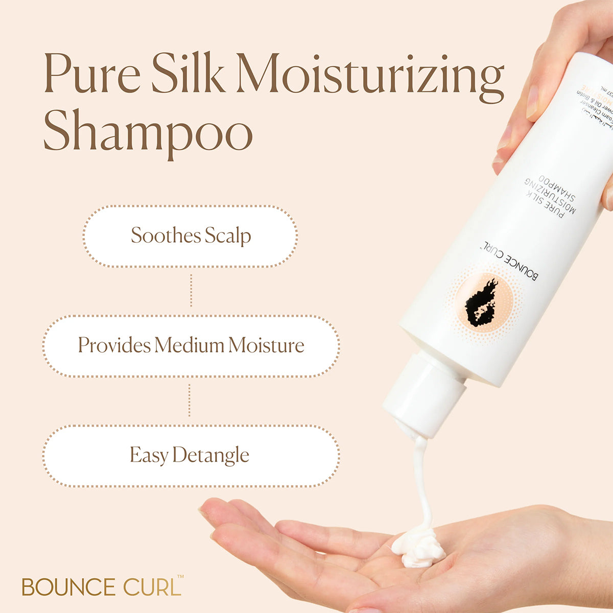 Bounce Curl Pure Silk Moisturizing Shampoo 237ml med aloe vera, sortfrøolie og silkeprotein, giver glans, fugt og blødhed til håret.